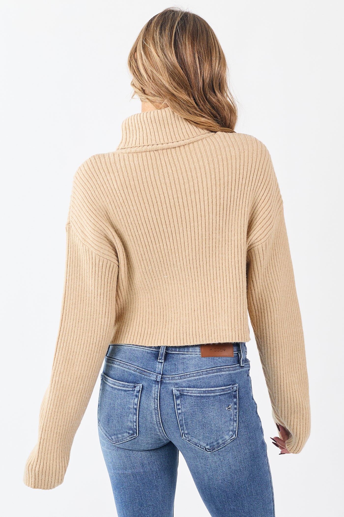 Sand Rib Knit Turtleneck Long Sleeve Crop Sweater