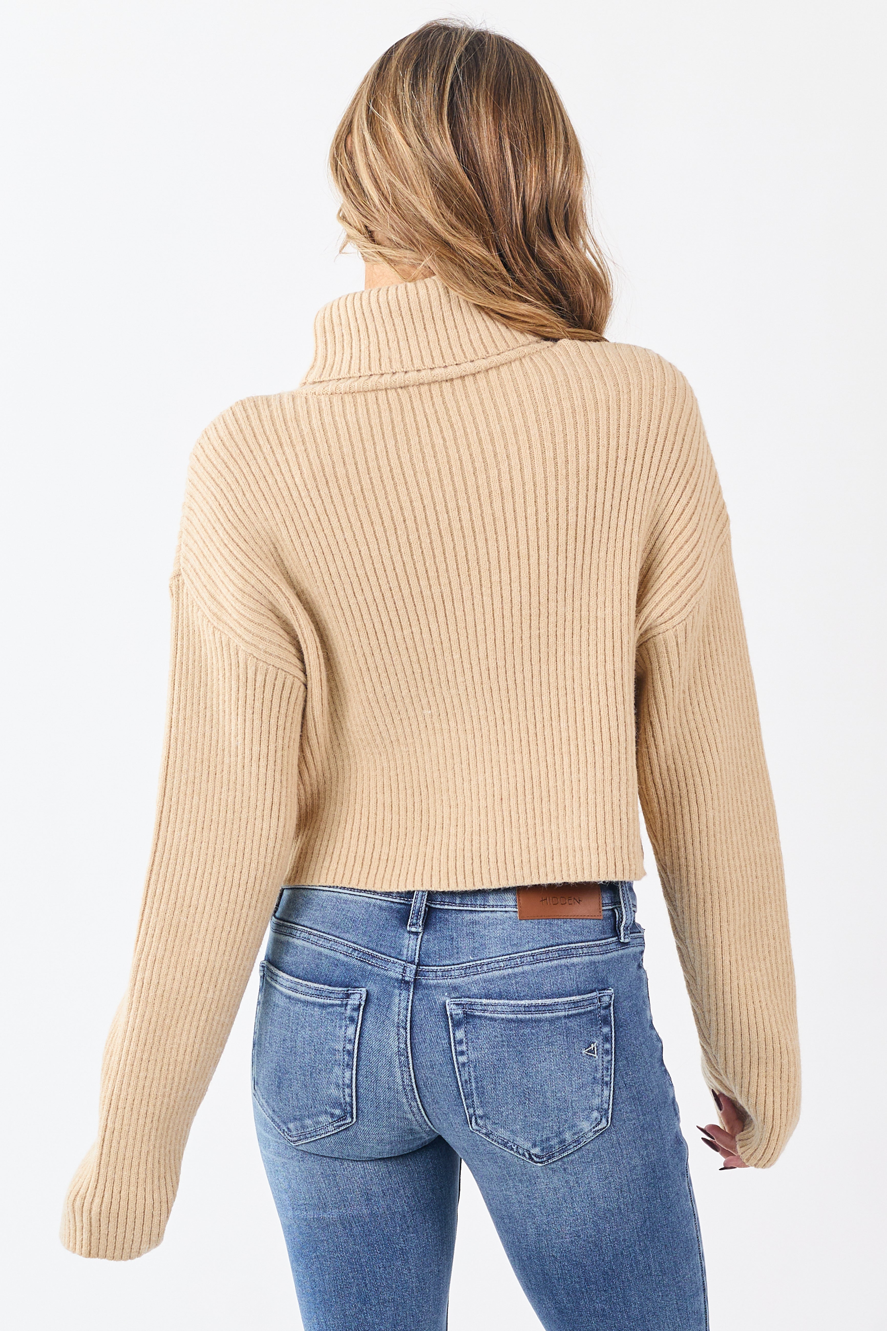 Sand Rib Knit Turtleneck Long Sleeve Crop Sweater