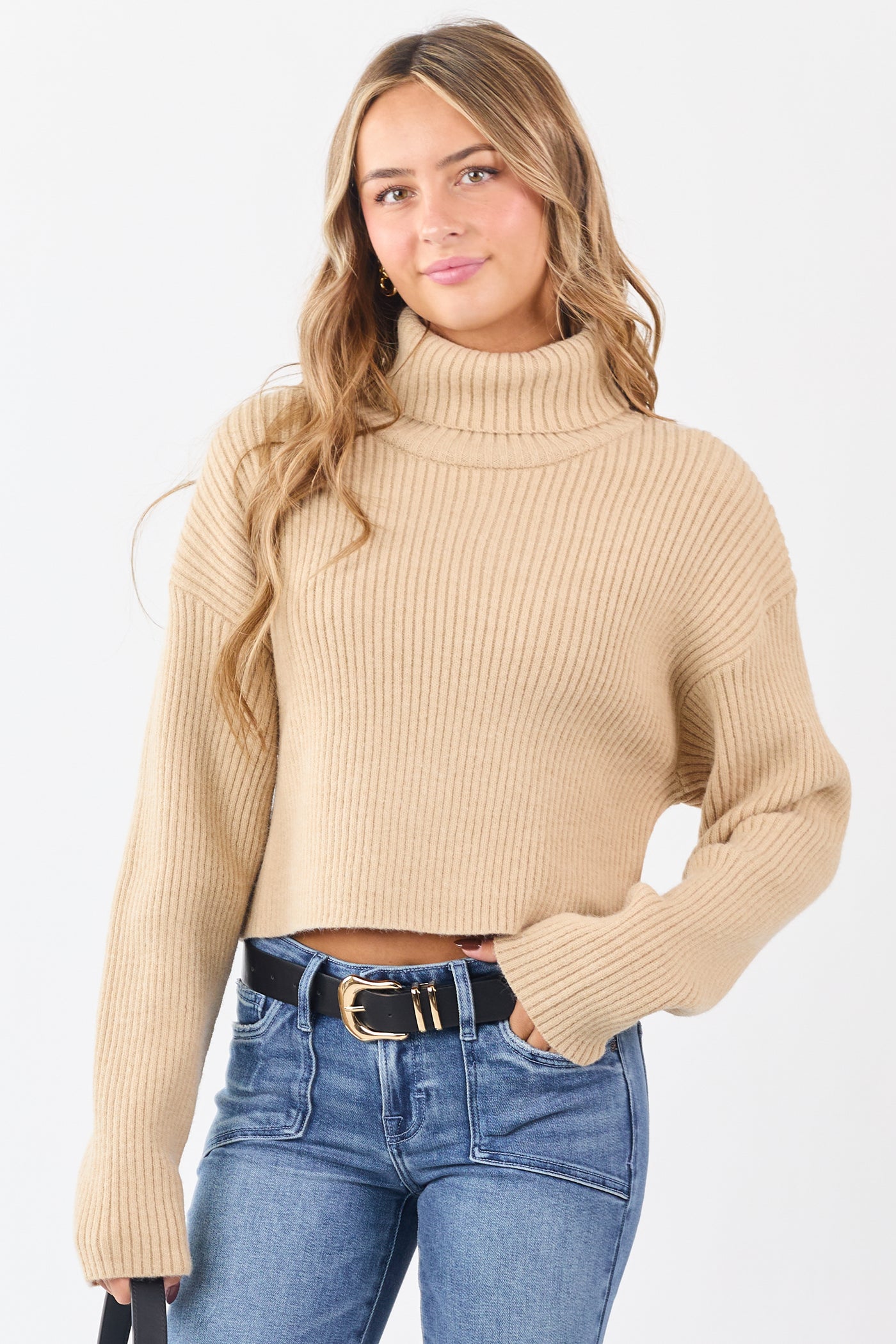 Sand Rib Knit Turtleneck Long Sleeve Crop Sweater