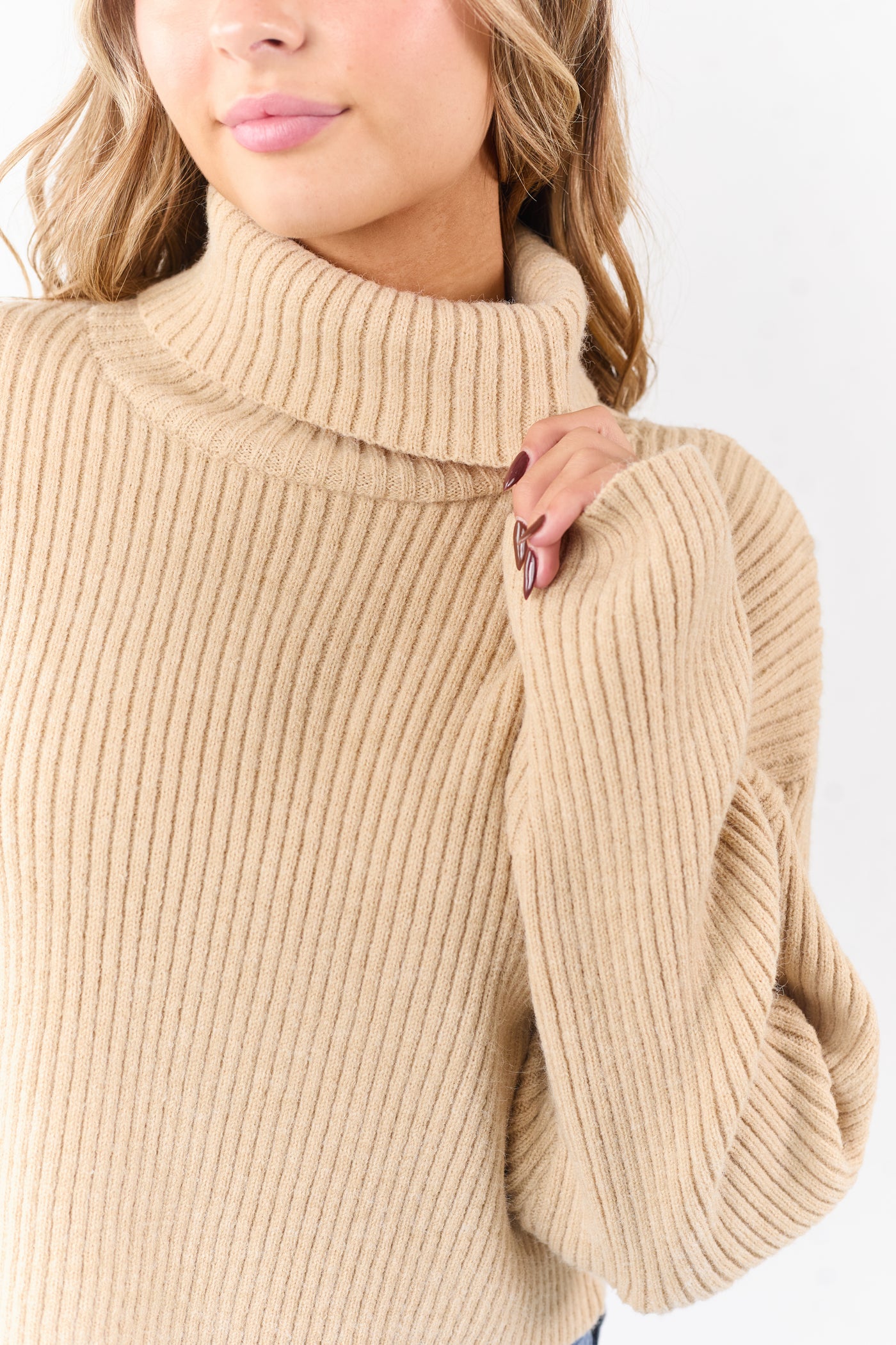 Sand Rib Knit Turtleneck Long Sleeve Crop Sweater