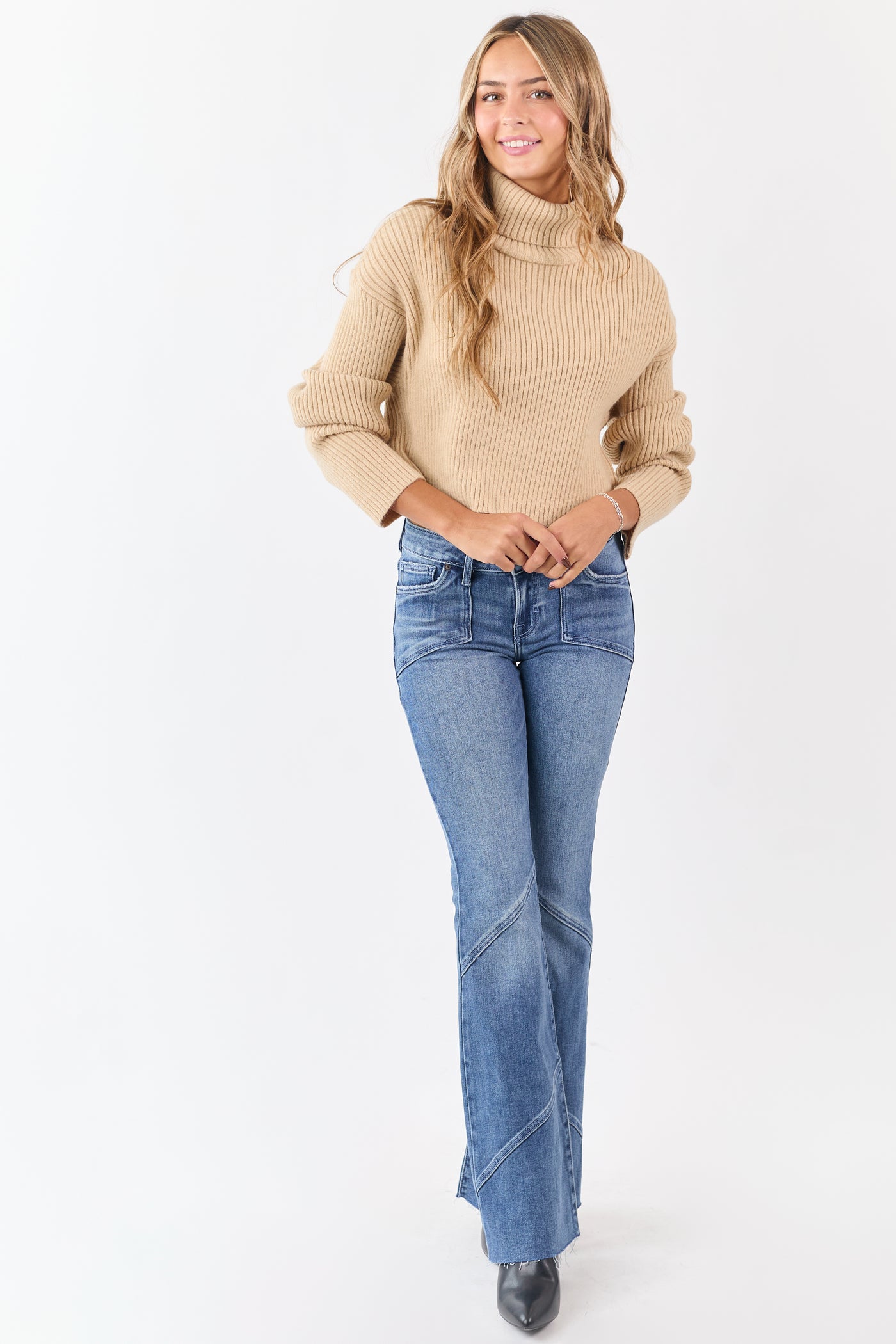 Sand Rib Knit Turtleneck Long Sleeve Crop Sweater
