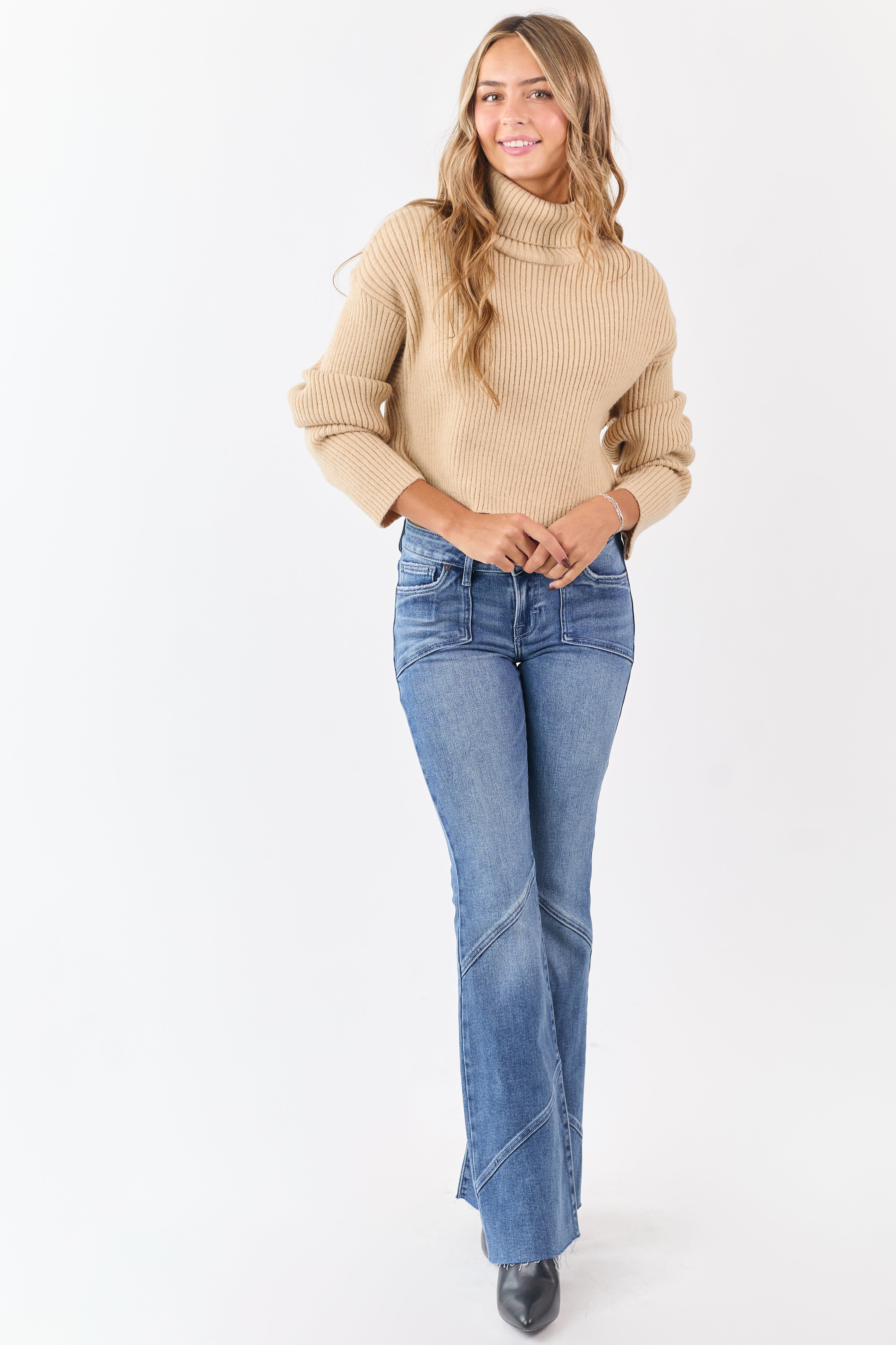 Sand Rib Knit Turtleneck Long Sleeve Crop Sweater