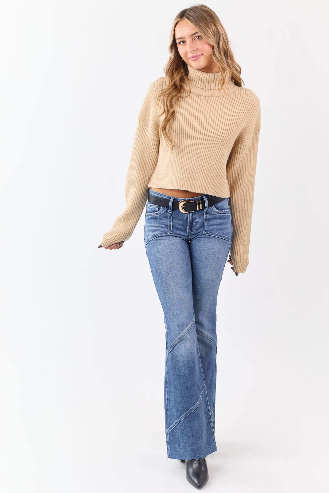 Sand Rib Knit Turtleneck Long Sleeve Crop Sweater