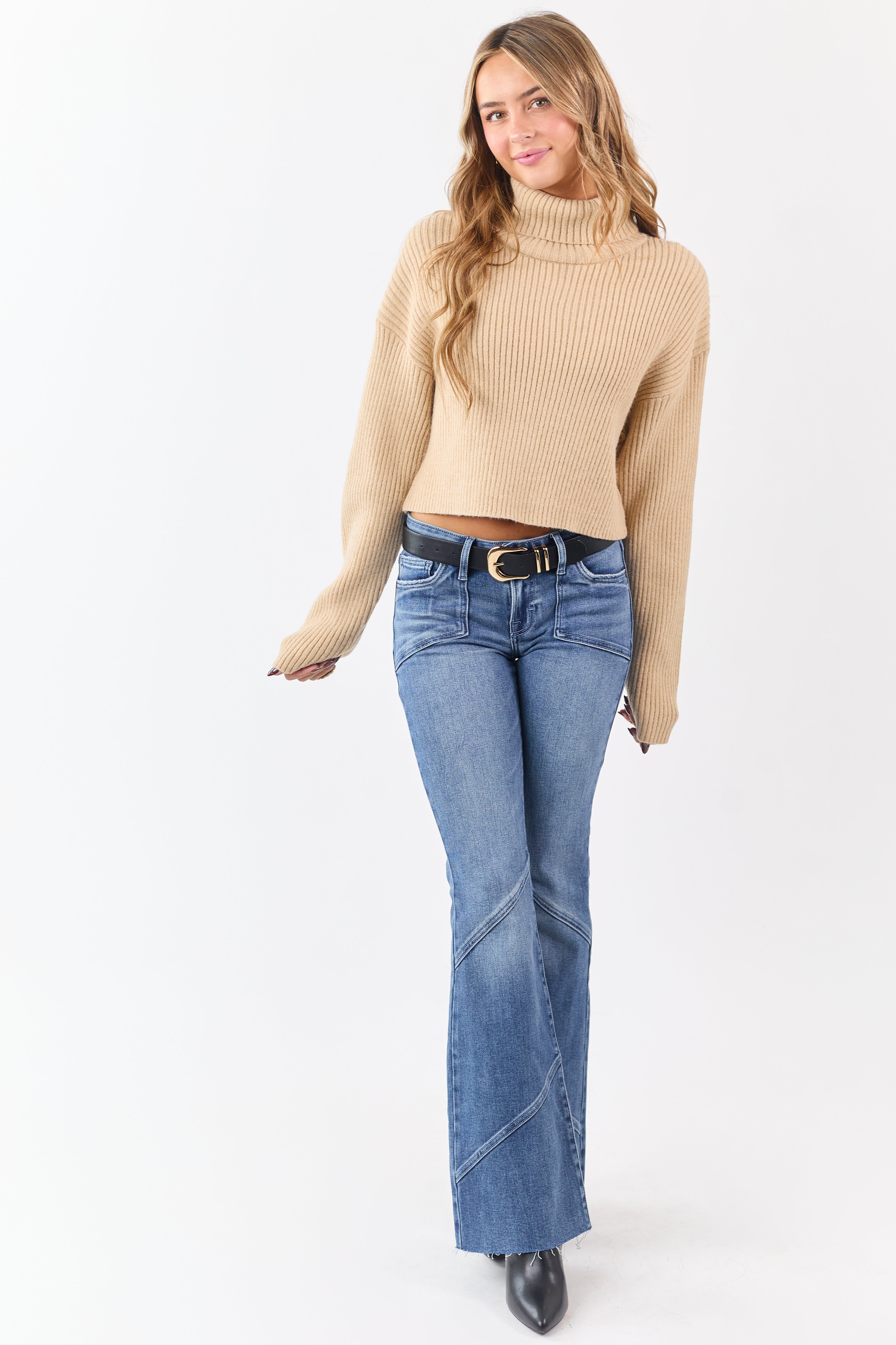 Sand Rib Knit Turtleneck Long Sleeve Crop Sweater