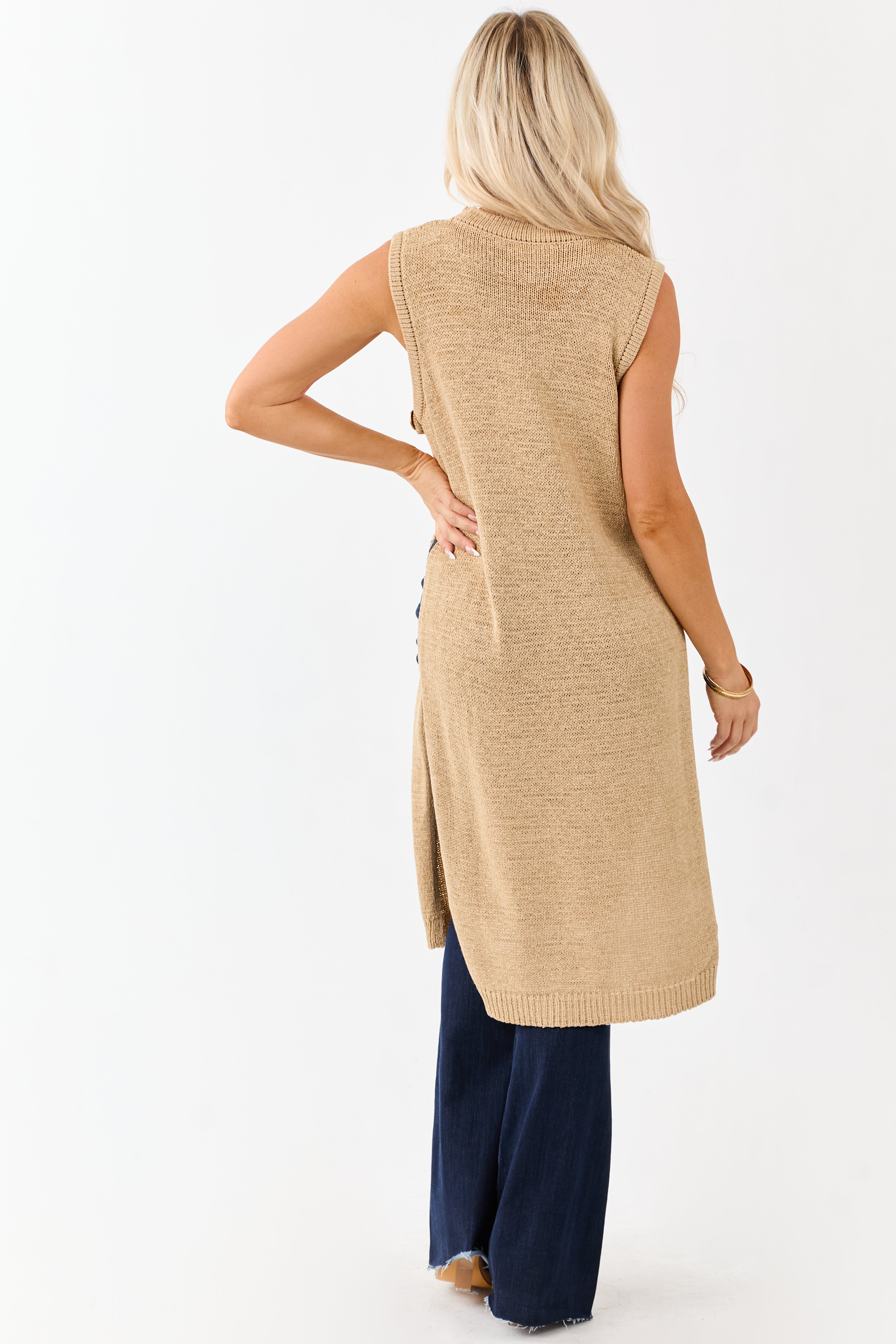 Sand Round Neck Side Slit Sweater Duster Vest