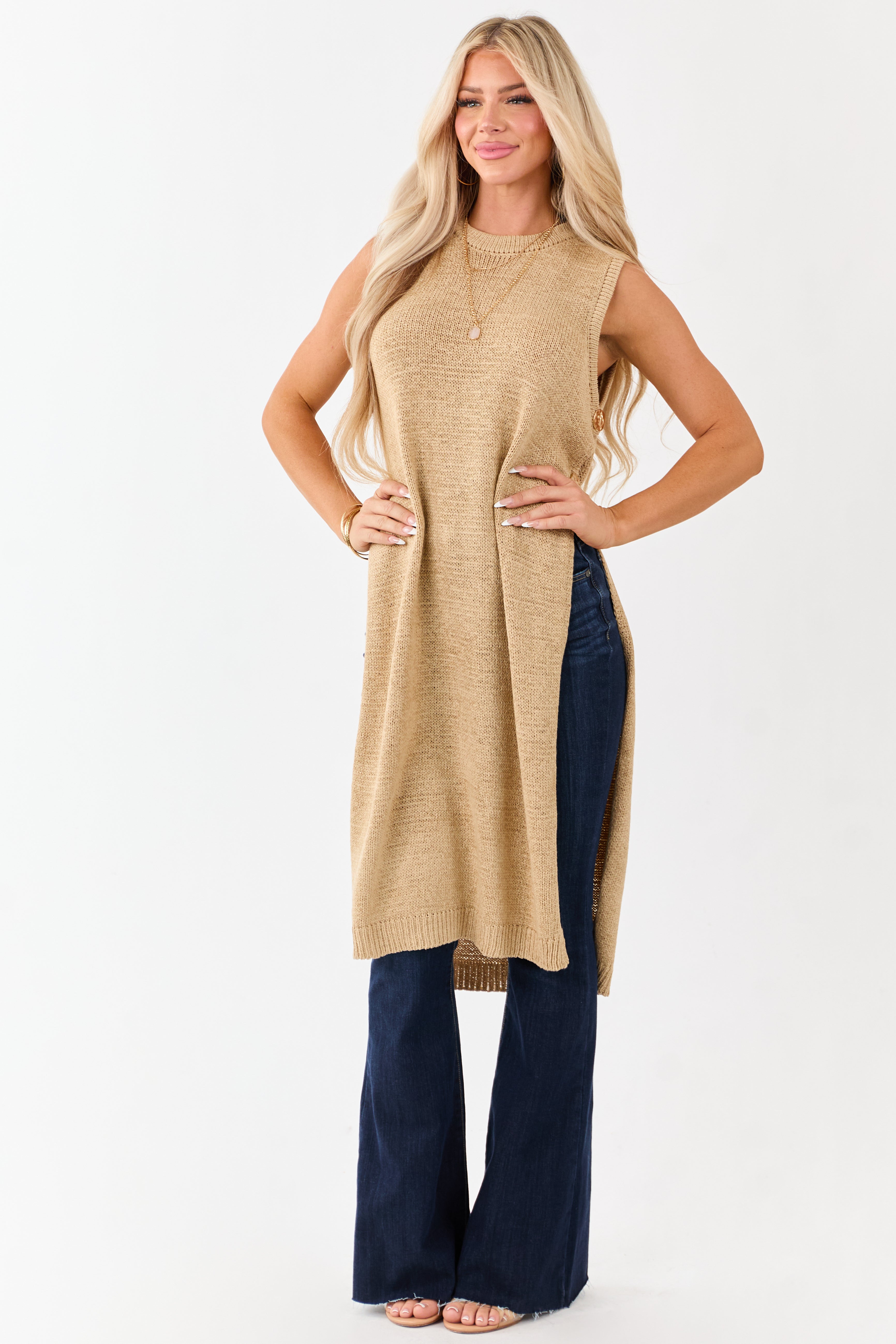 Sand Round Neck Side Slit Sweater Duster Vest