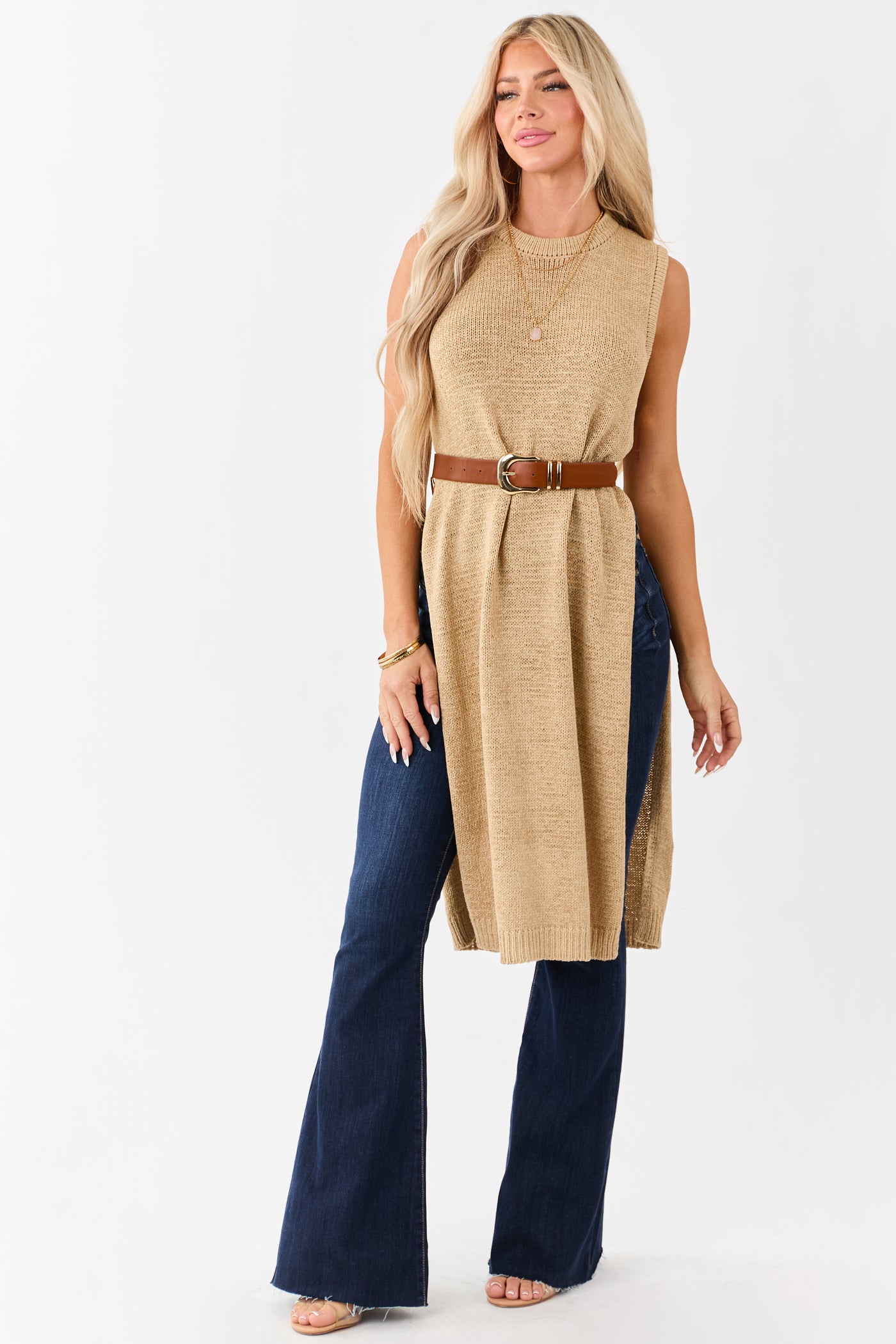 Sand Round Neck Side Slit Sweater Duster Vest