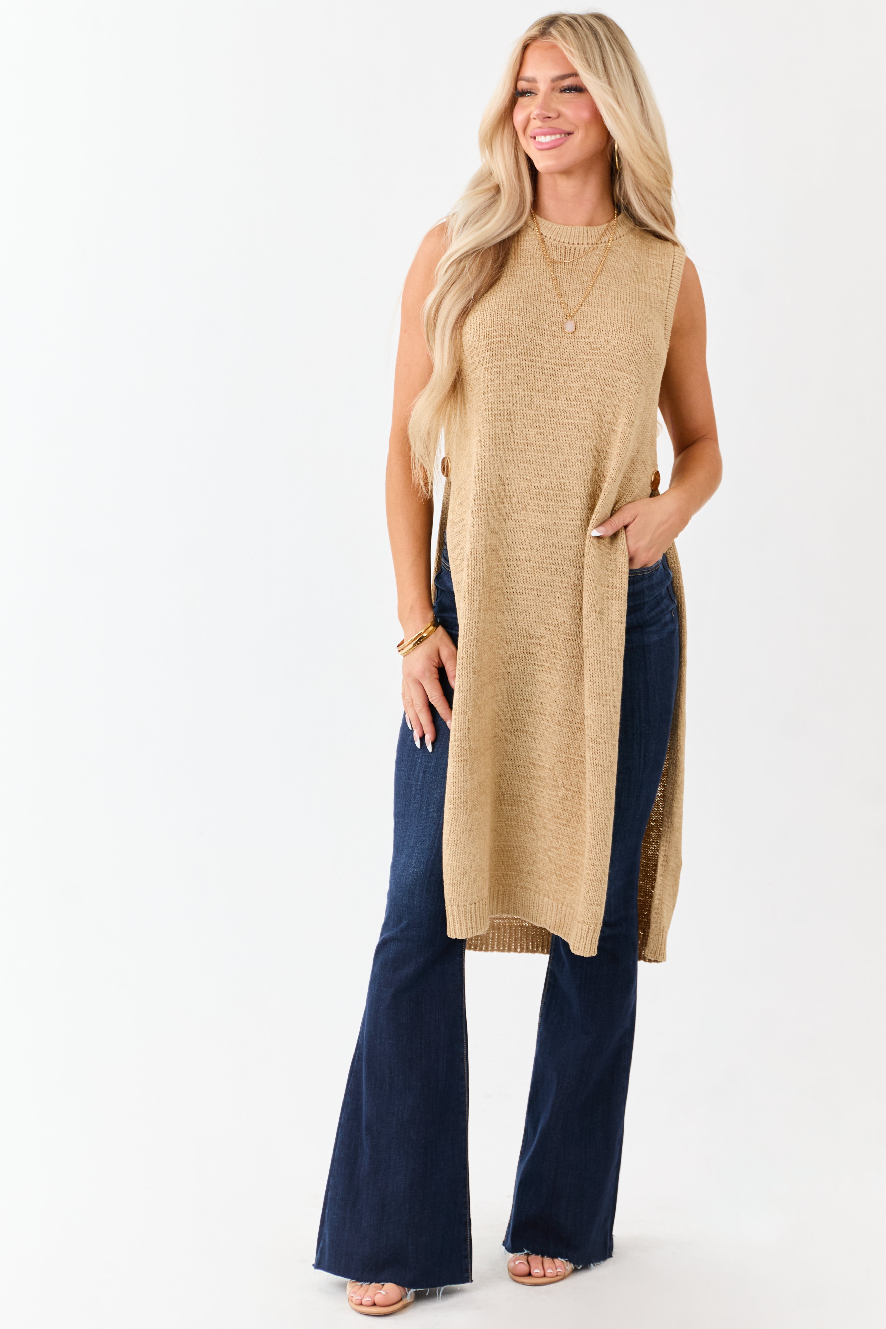 Sand Round Neck Side Slit Sweater Duster Vest