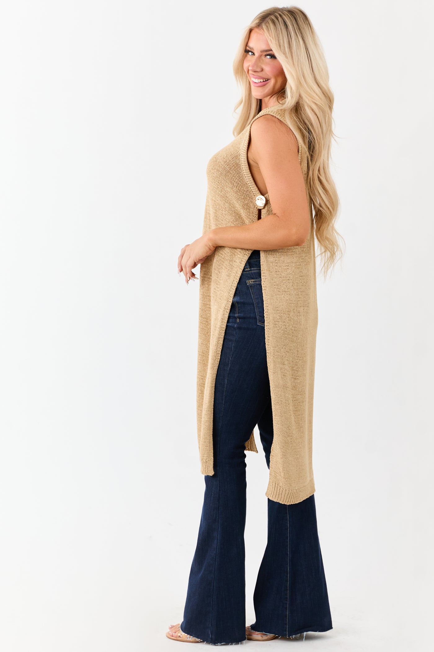 Sand Round Neck Side Slit Sweater Duster Vest