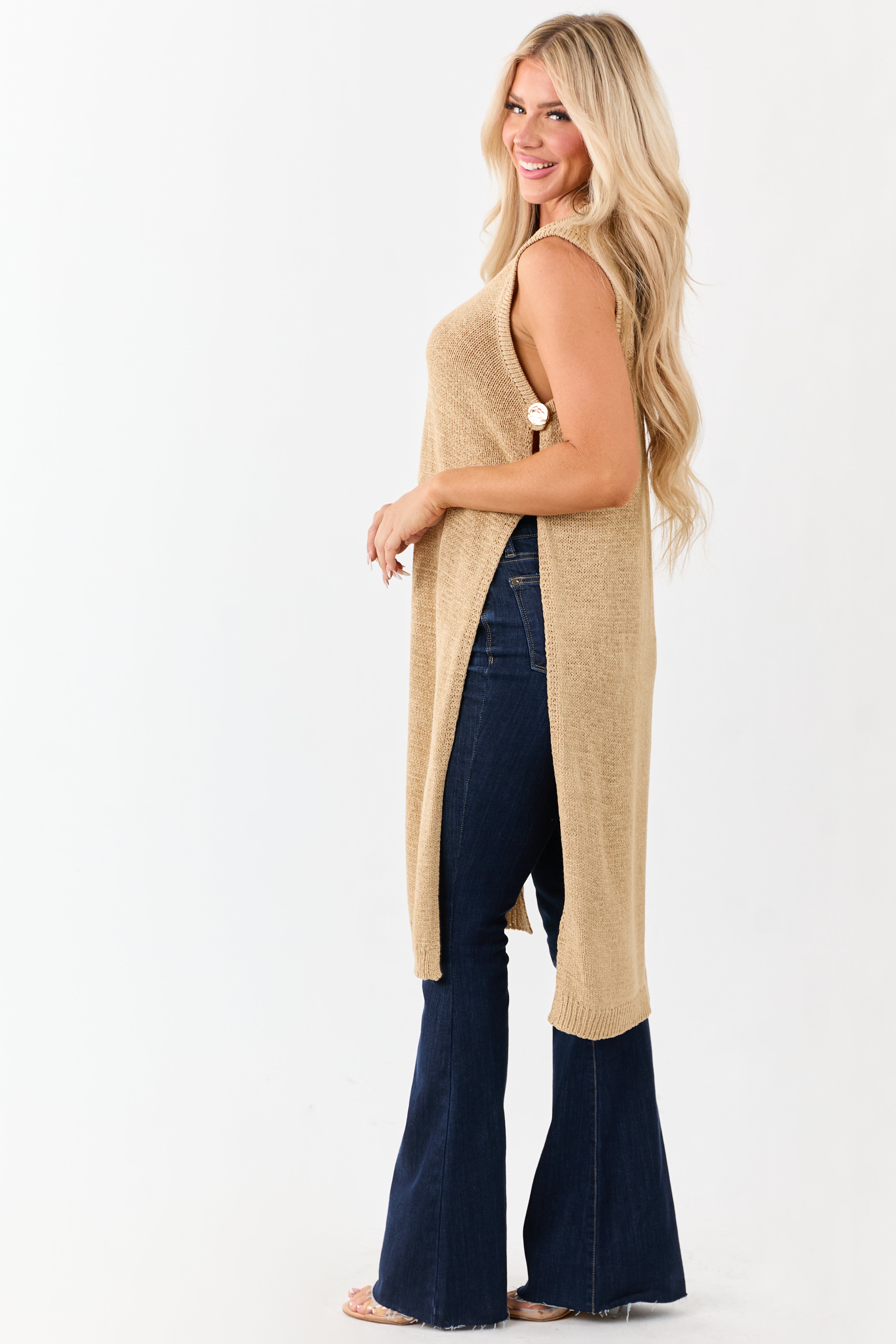 Sand Round Neck Side Slit Sweater Duster Vest