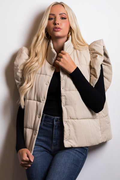 Sand Ruffle Sleeve Button Up Puffer Vest