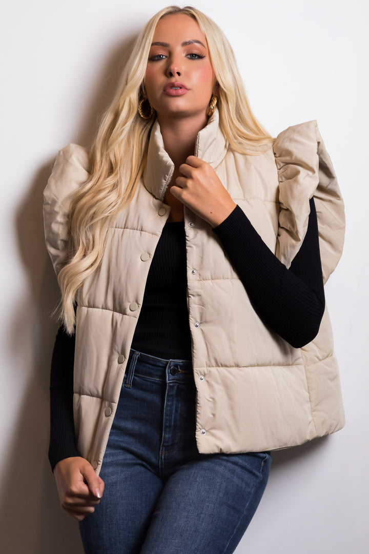 Sand Ruffle Sleeve Button Up Puffer Vest