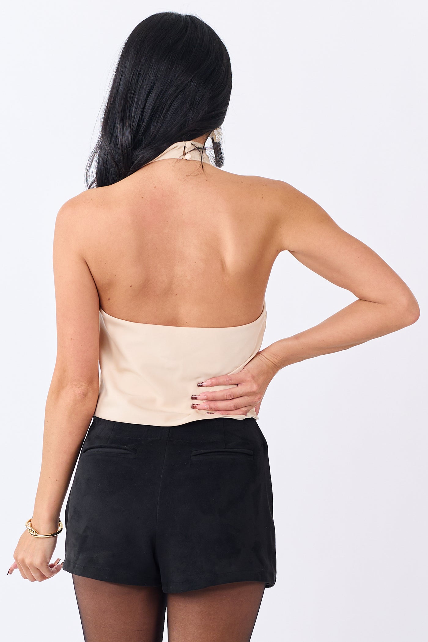 Sand Satin Flowy Halter Neck Open Back Top