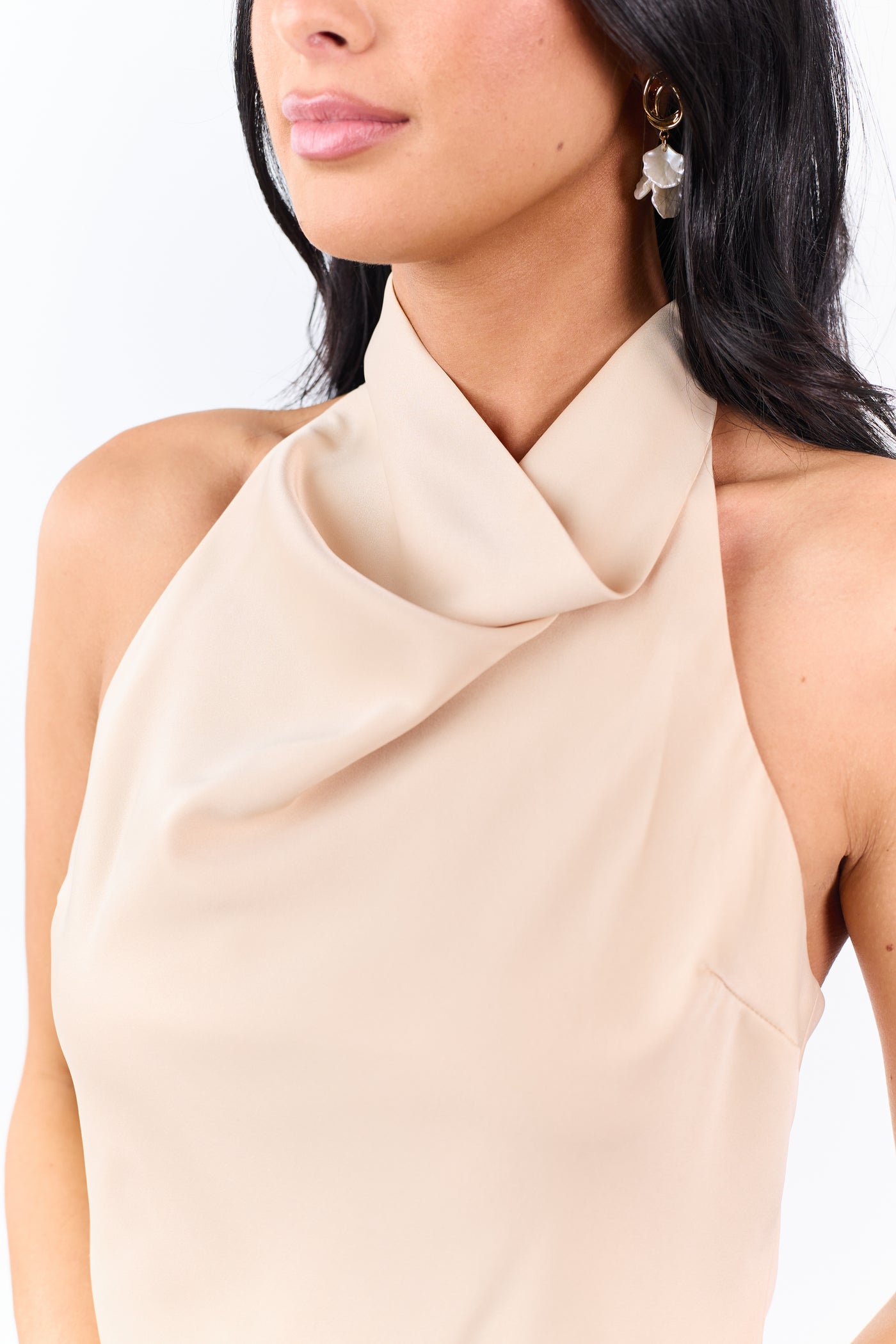 Sand Satin Flowy Halter Neck Open Back Top