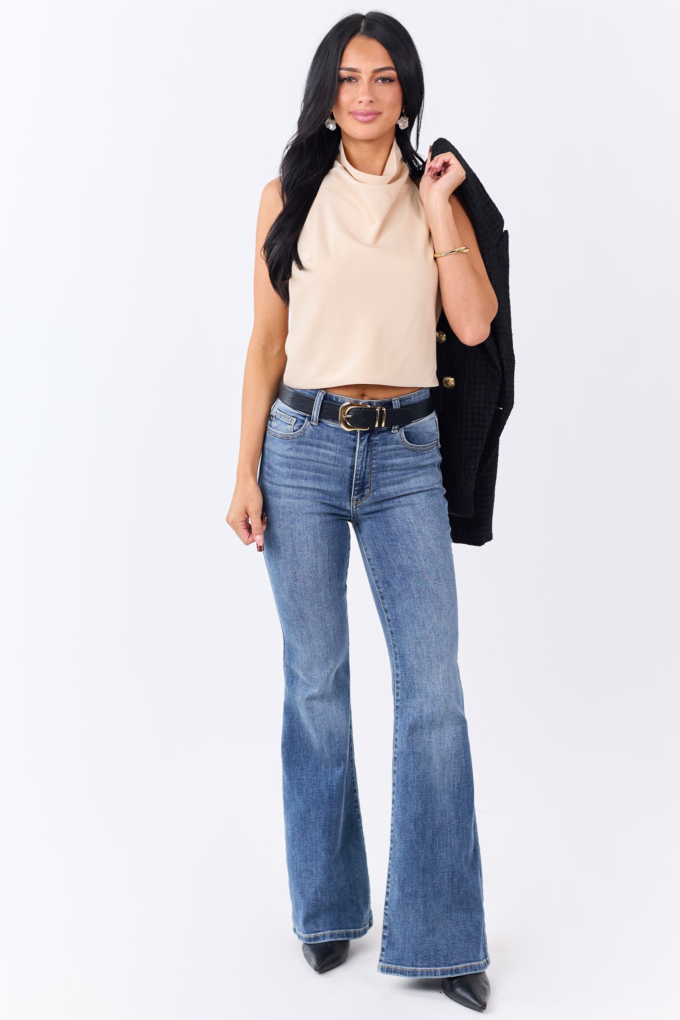 Sand Satin Flowy Halter Neck Open Back Top