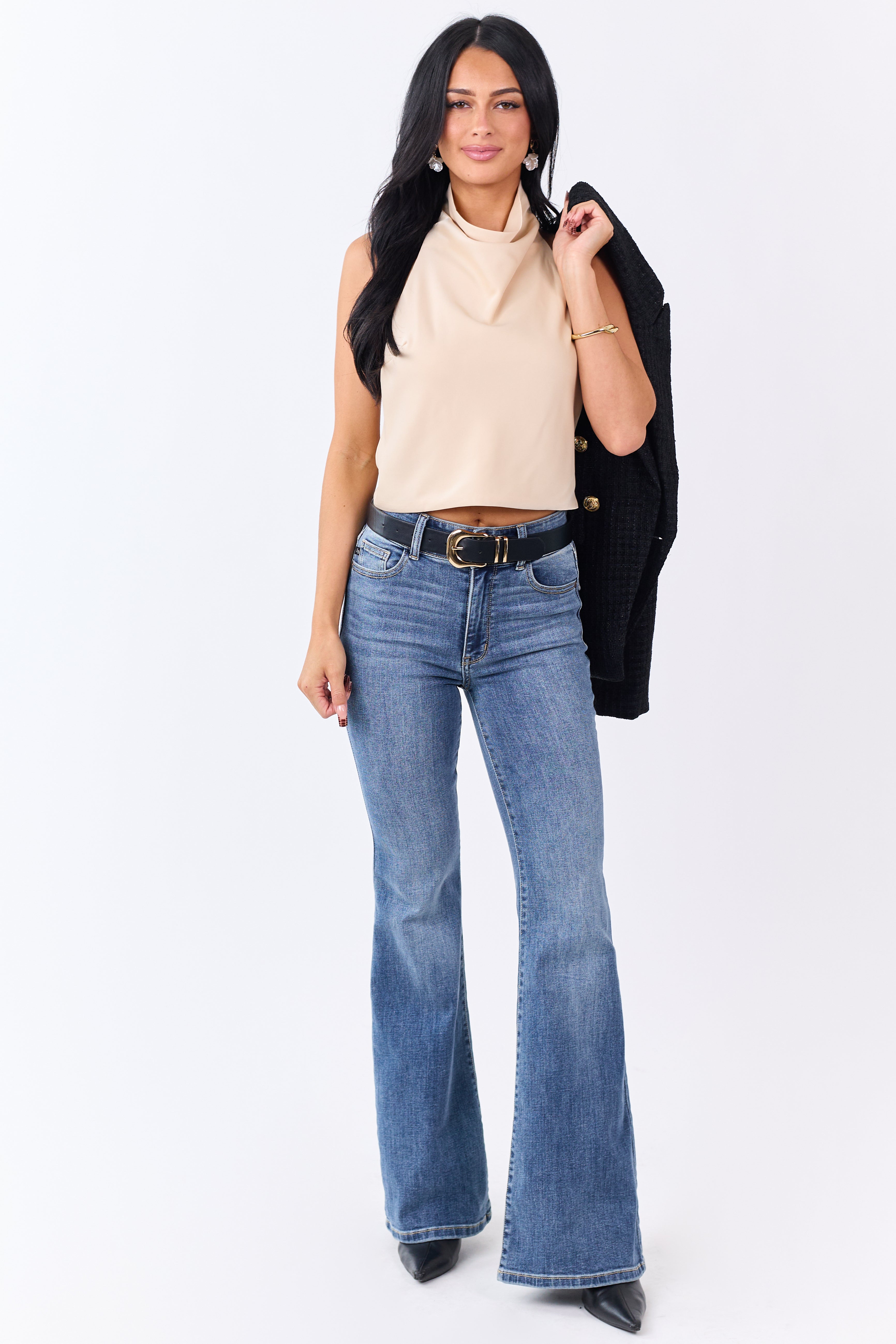 Sand Satin Flowy Halter Neck Open Back Top