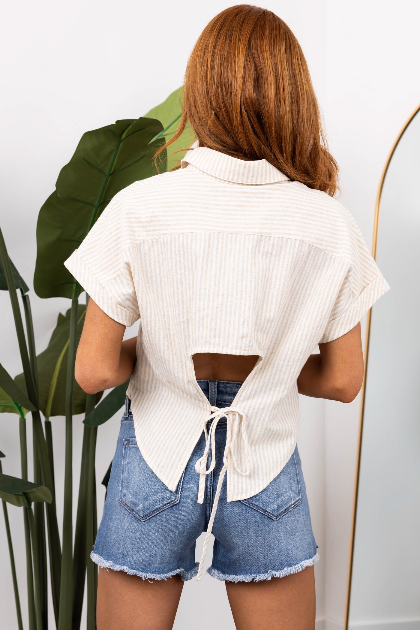 Sand Striped Open Back Button Up Top
