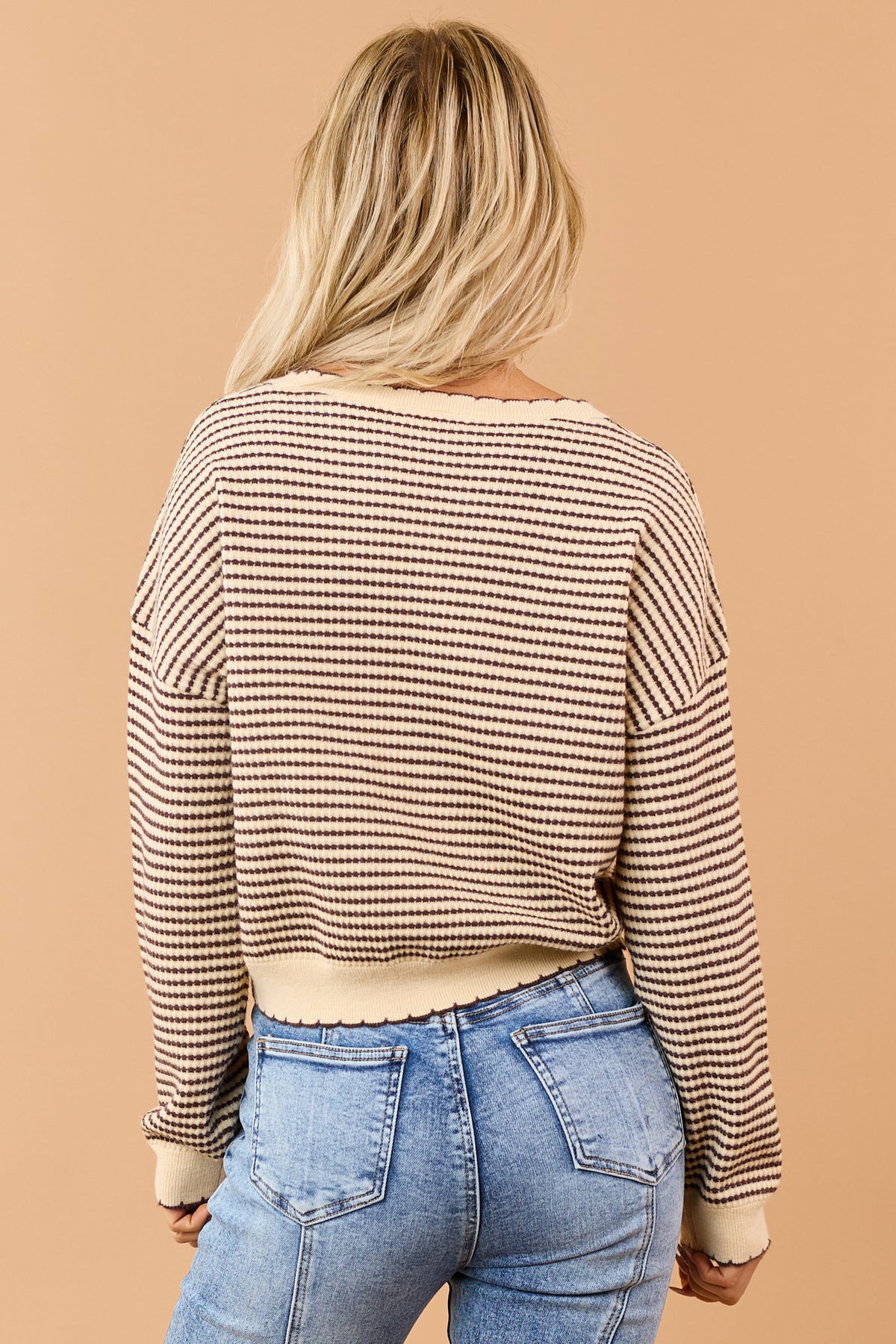 Sand Striped Scalloped Trim Long Sleeve Sweater