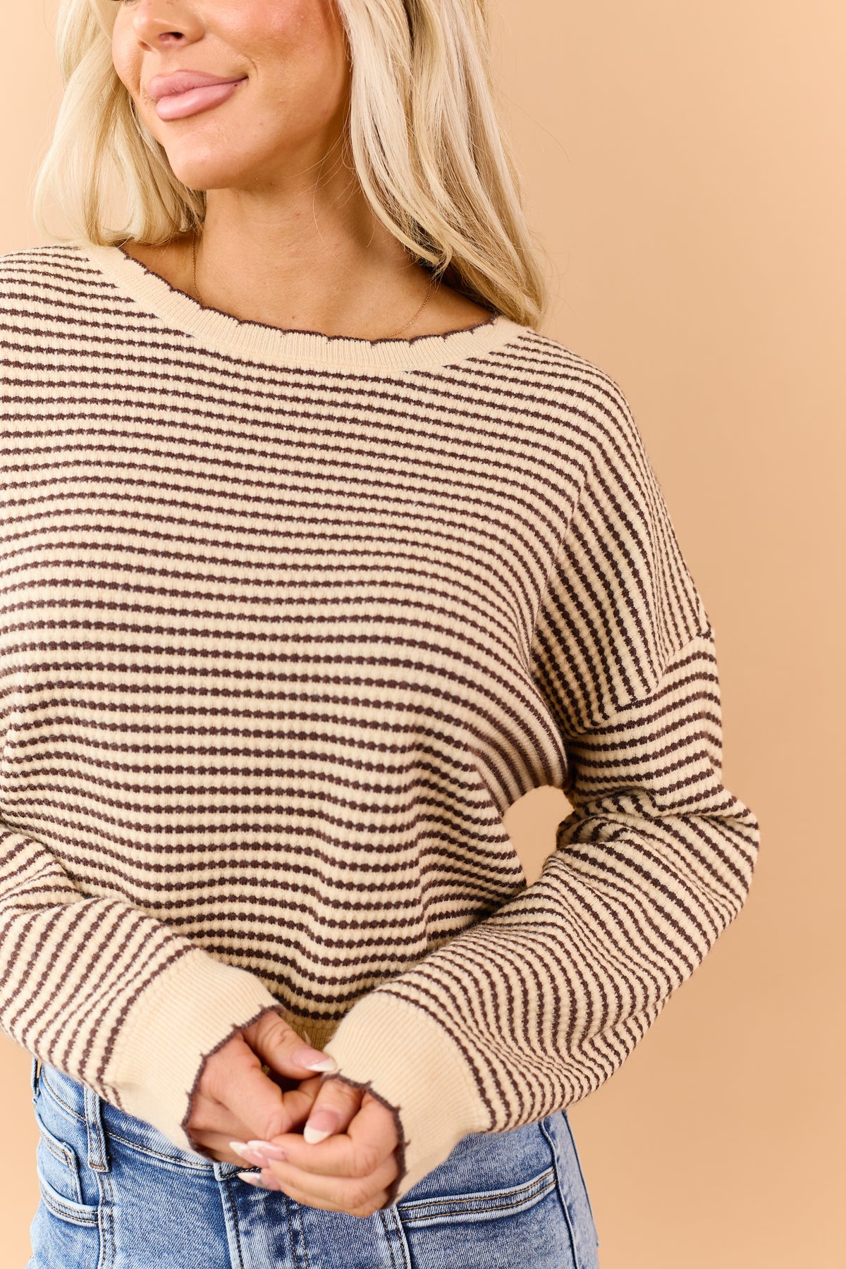 Sand Striped Scalloped Trim Long Sleeve Sweater