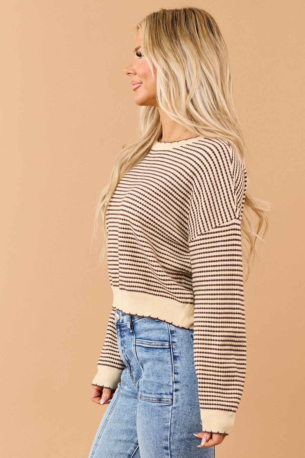 Sand Striped Scalloped Trim Long Sleeve Sweater