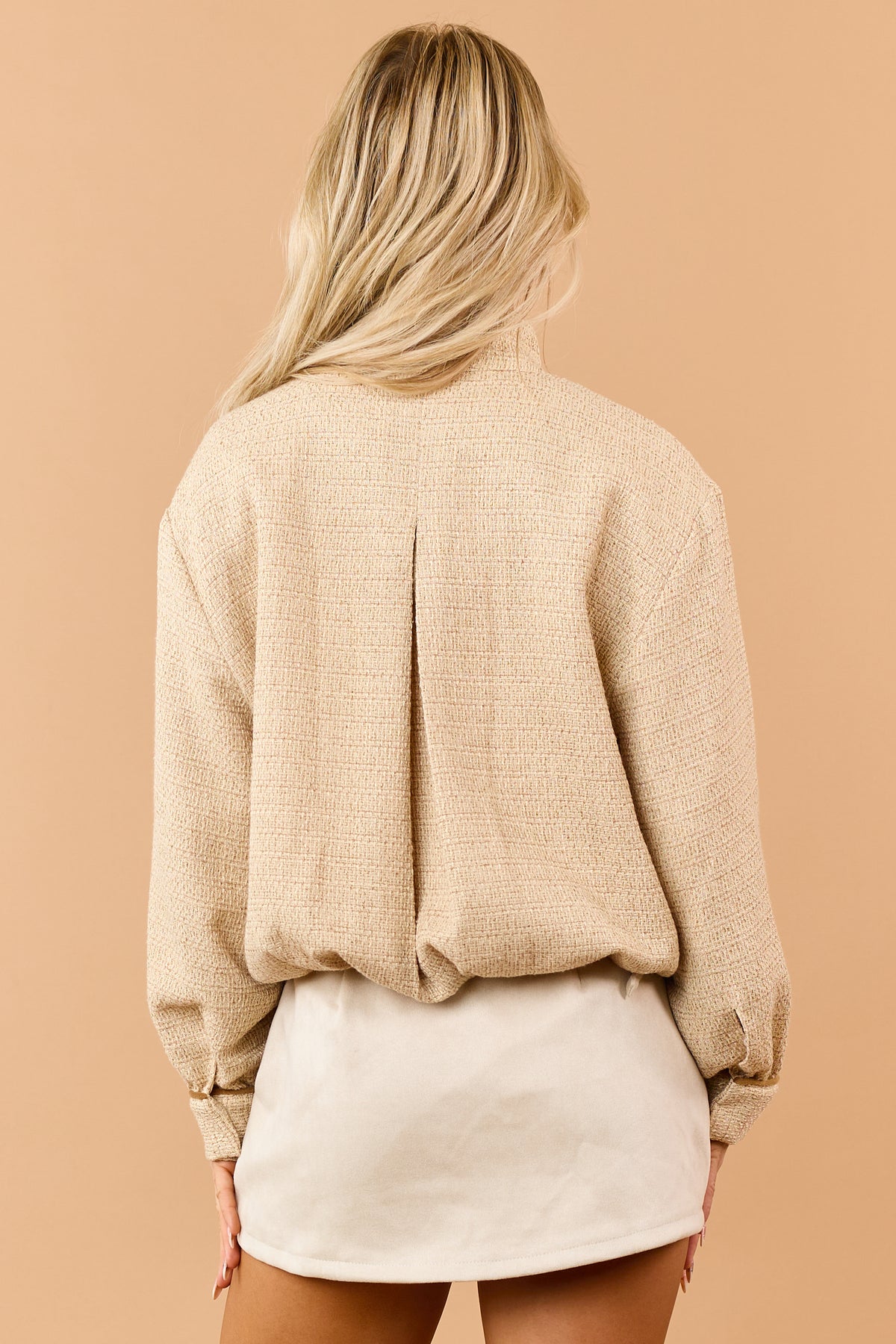 Sand Tweed Contrast Trim Mock Neck Zip Up Jacket