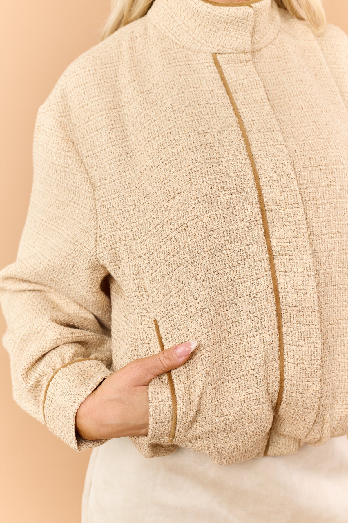 Sand Tweed Contrast Trim Mock Neck Zip Up Jacket