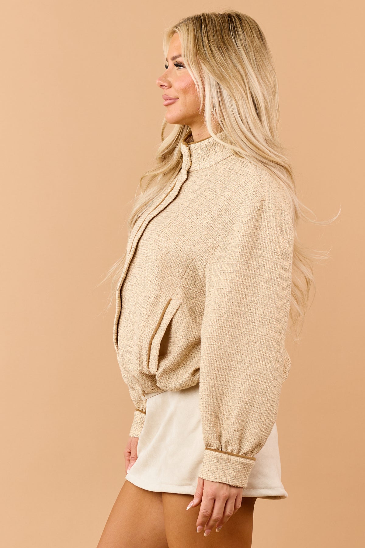 Sand Tweed Contrast Trim Mock Neck Zip Up Jacket