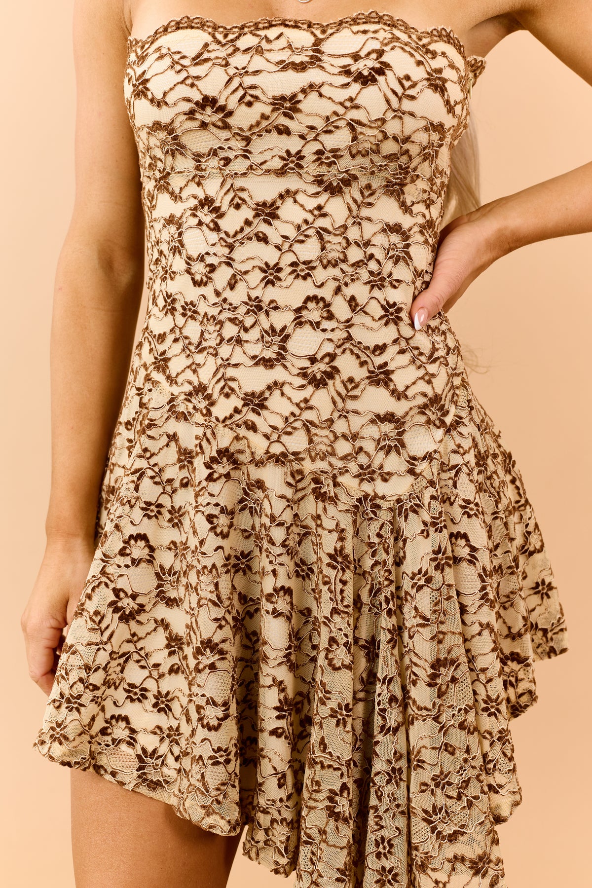Sand Velvet Flocked Lace Strapless Mini Dress