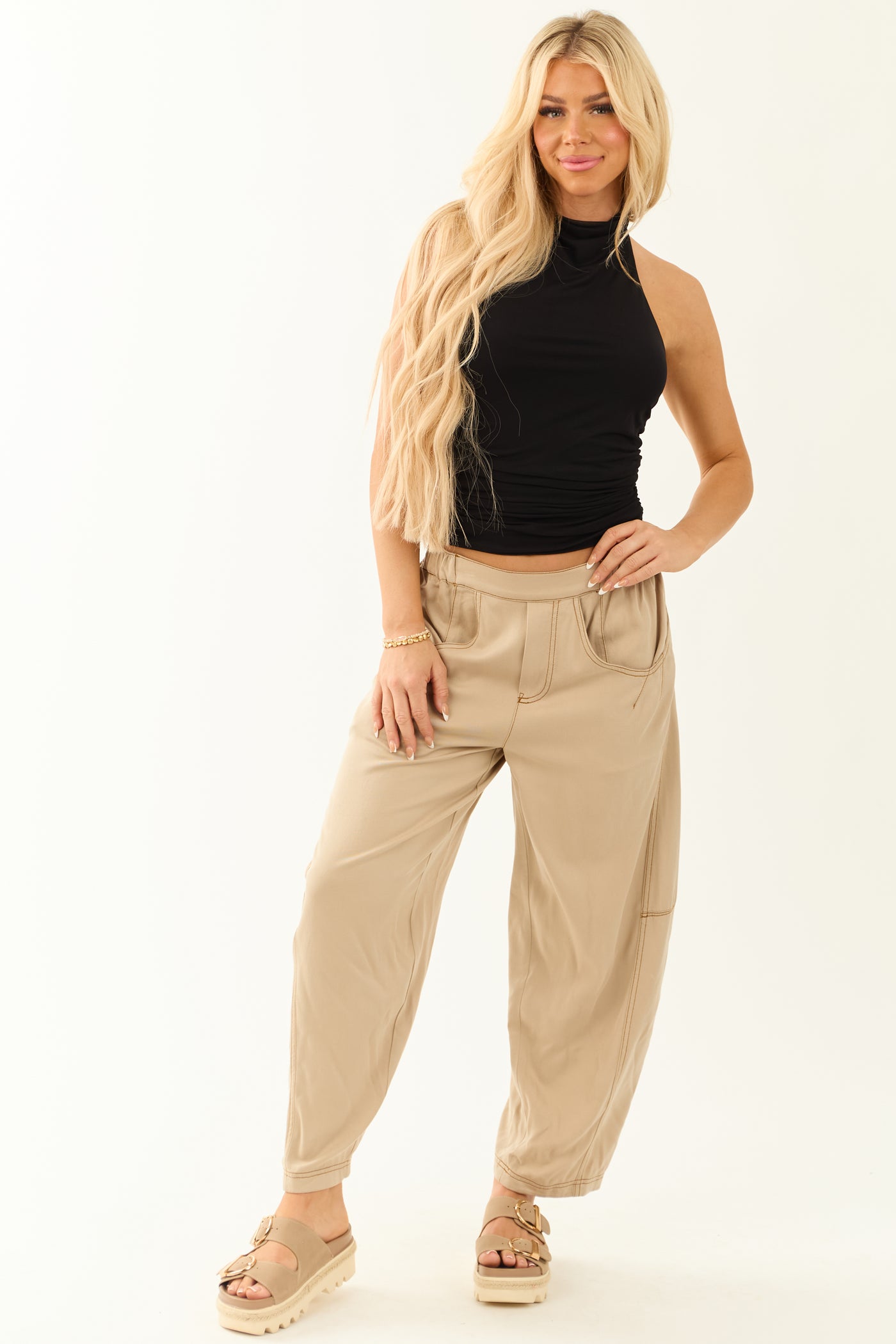 Sand Vintage Washed Soft Lightweight Barrel Pants