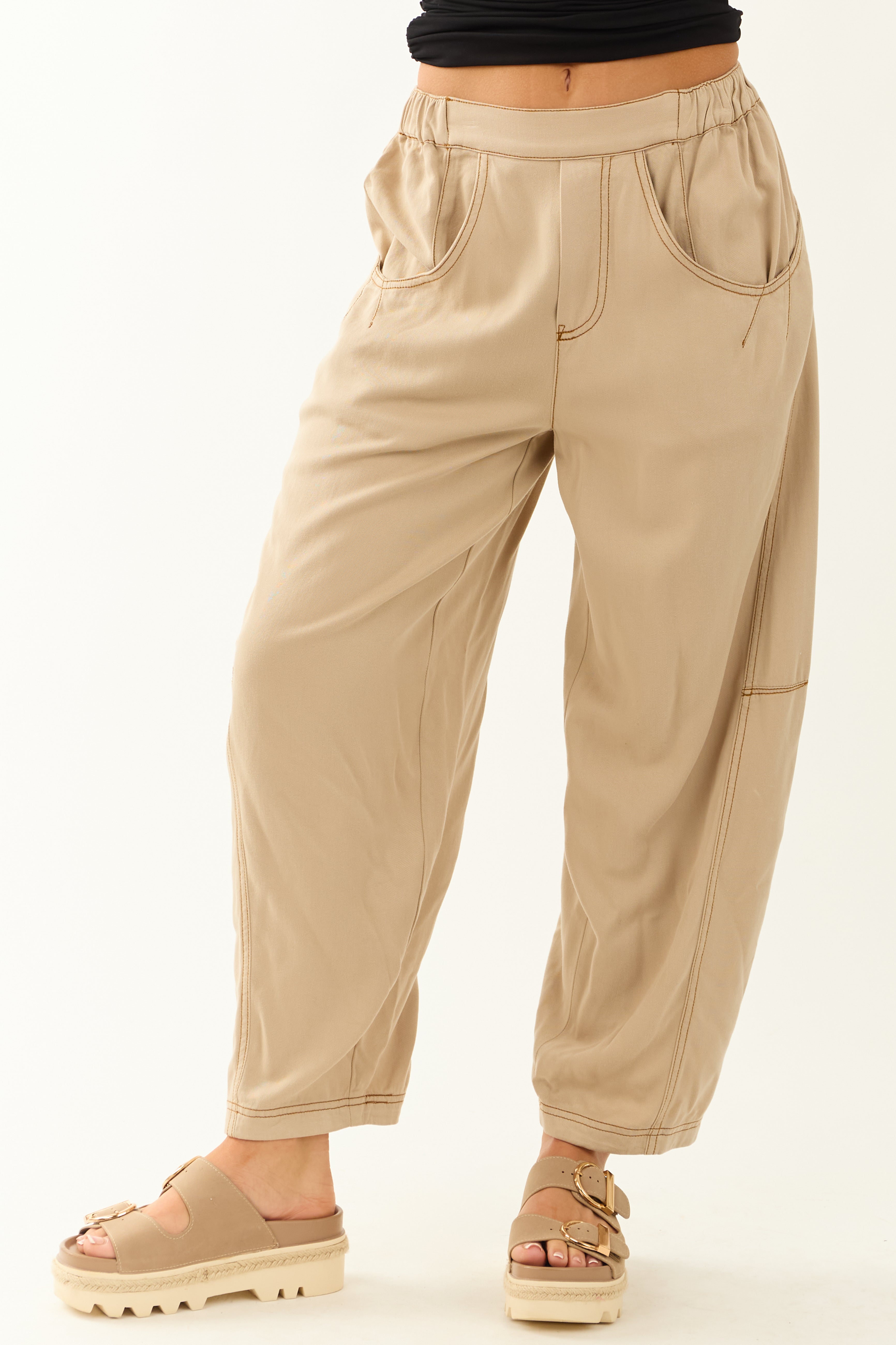 Sand Vintage Washed Soft Lightweight Barrel Pants