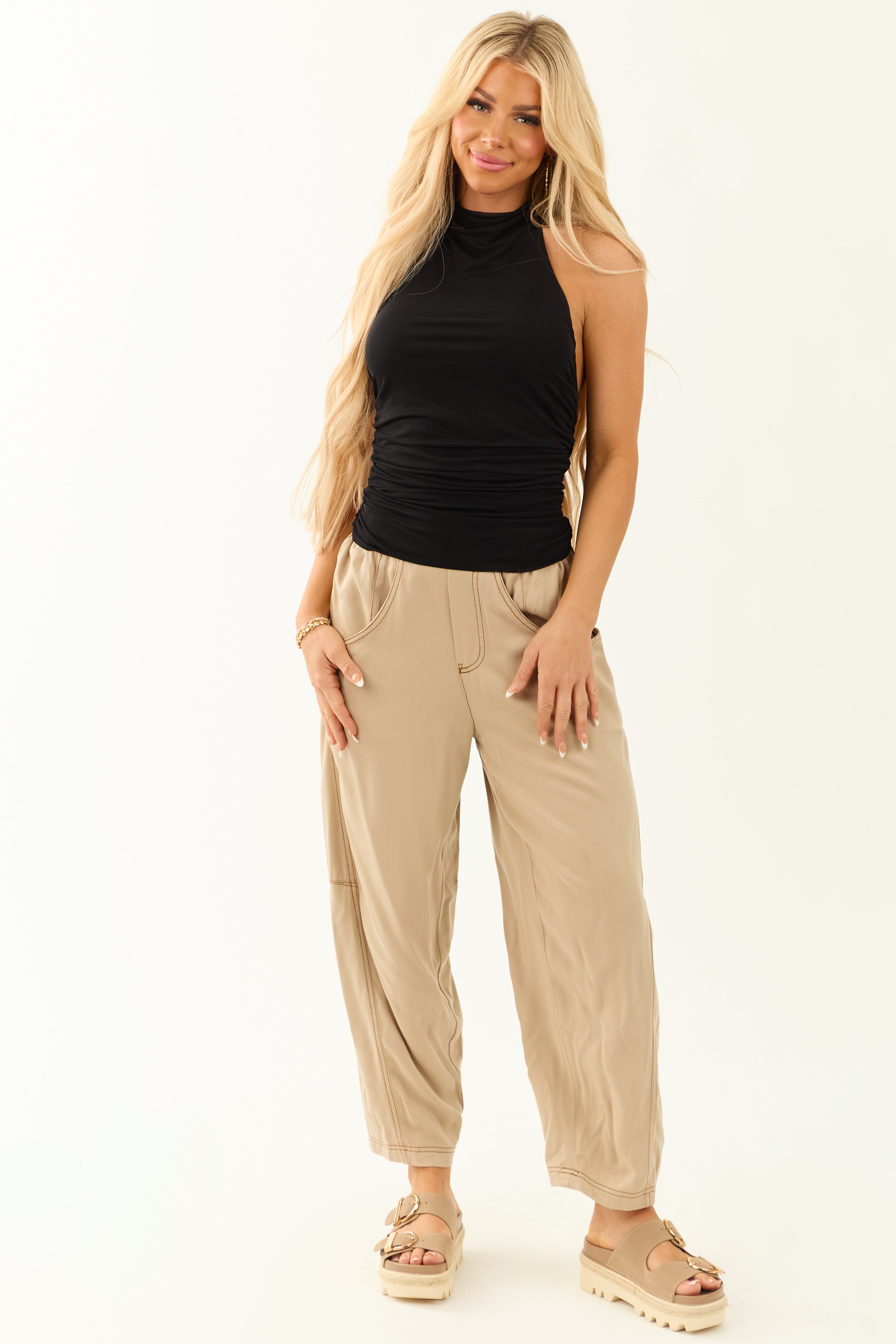 Sand Vintage Washed Soft Lightweight Barrel Pants