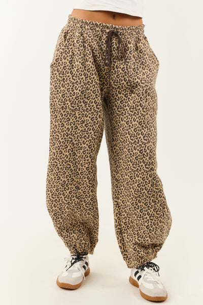 Sand and Walnut Leopard Print Fleece Lined Sweatpants