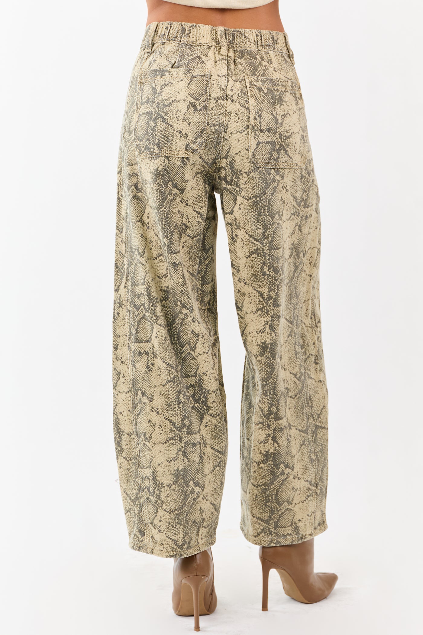Sand and Walnut Washed Snake Print Barrel Jeans