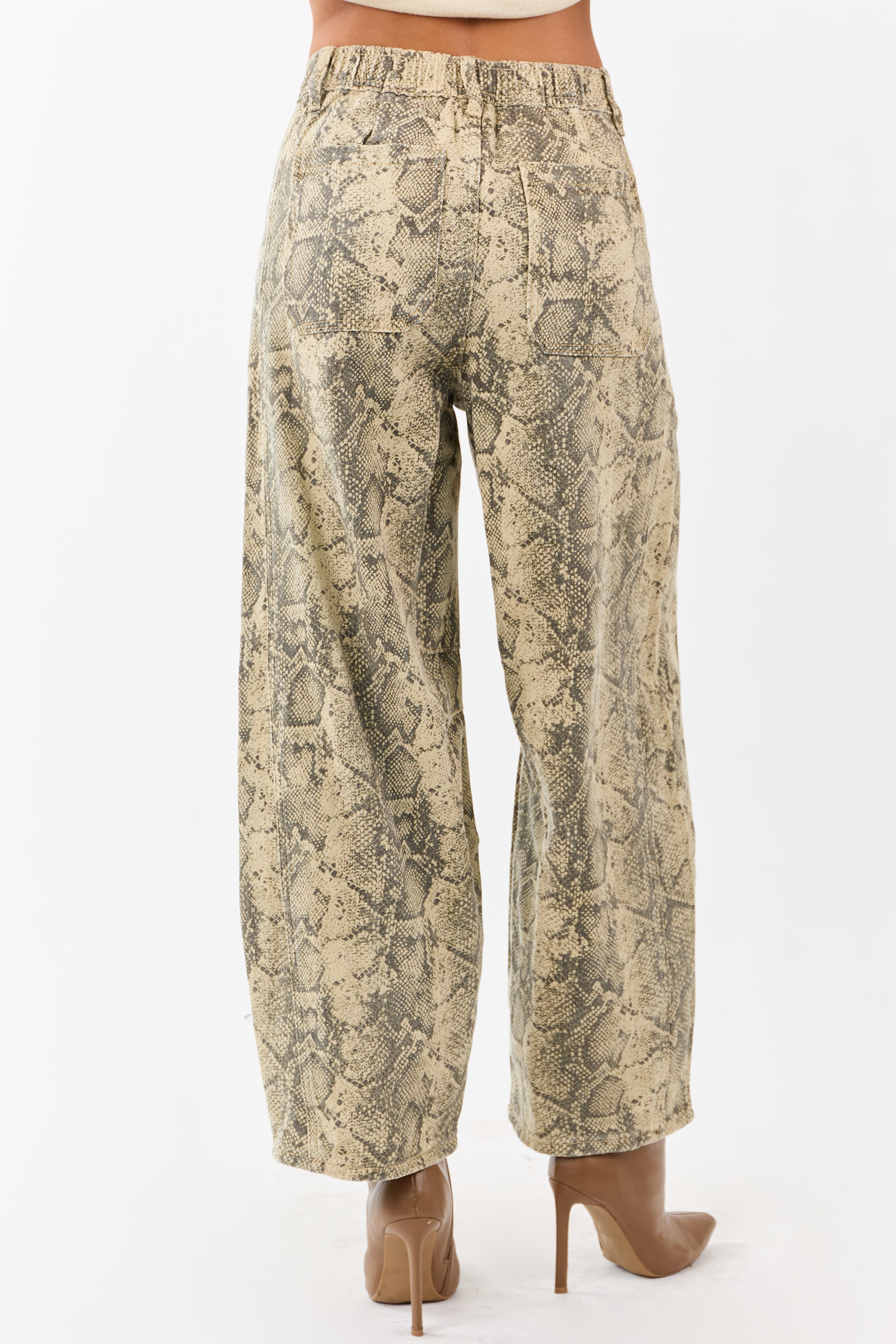 Sand and Walnut Washed Snake Print Barrel Jeans