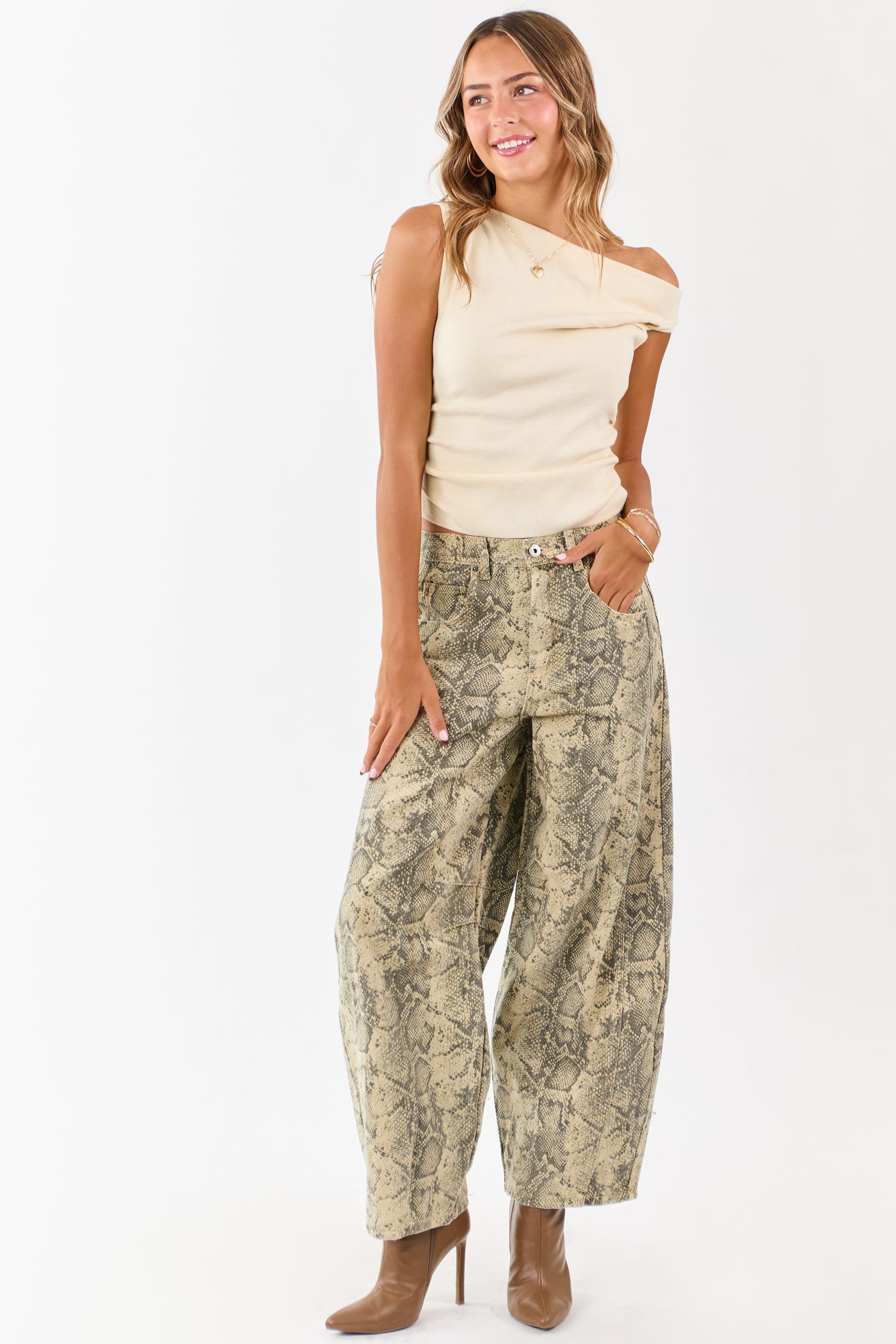 Sand and Walnut Washed Snake Print Barrel Jeans