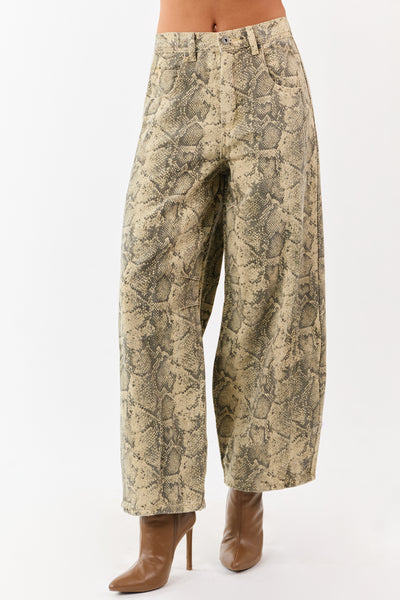 Sand and Walnut Washed Snake Print Barrel Jeans