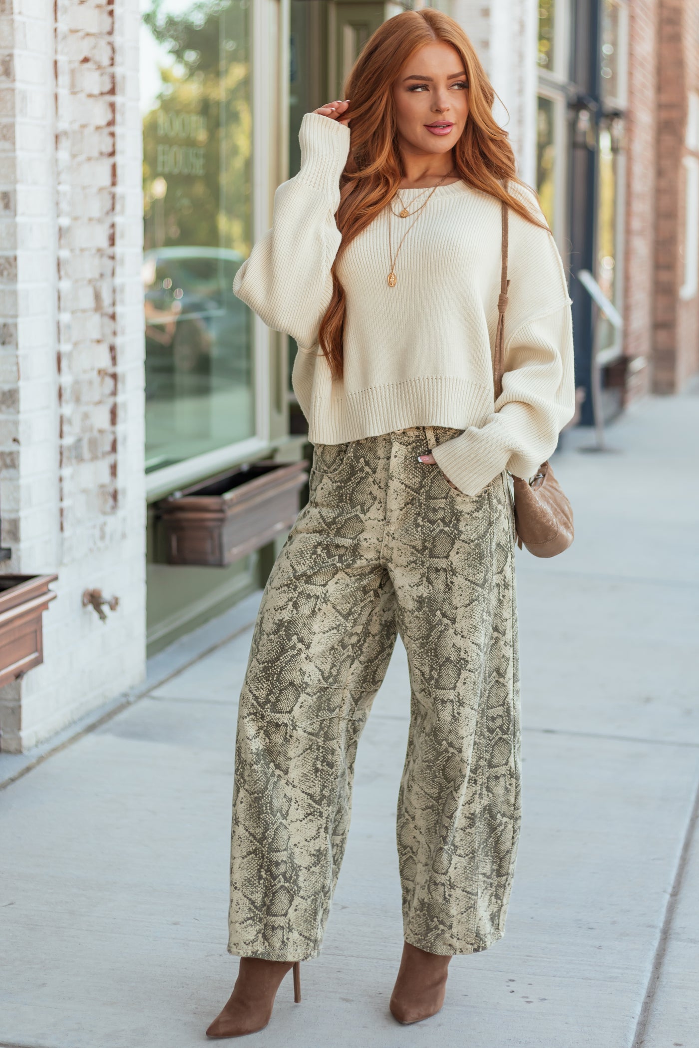 Sand and Walnut Washed Snake Print Barrel Jeans