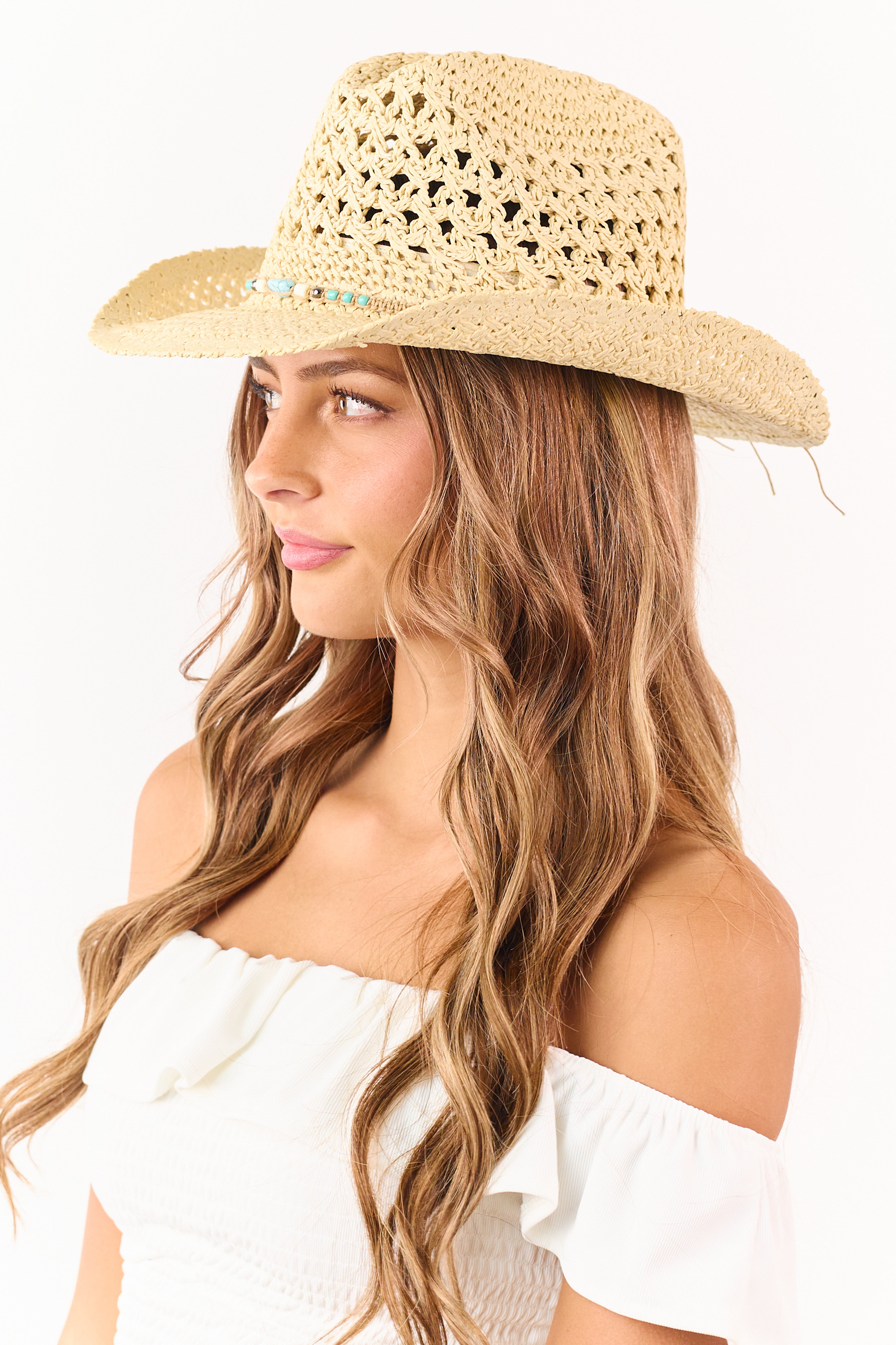 Sand Bead Detail Woven Straw Cowboy Hat