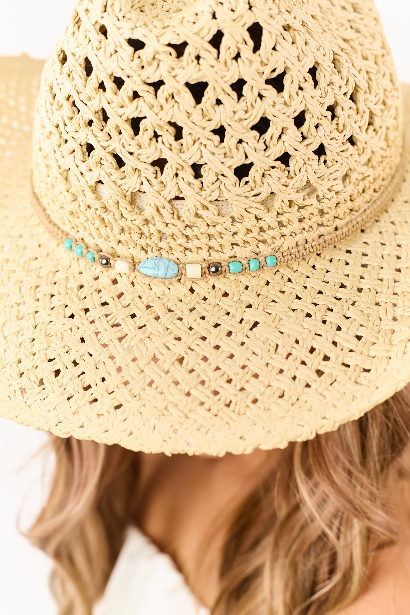 Sand Bead Detail Woven Straw Cowboy Hat
