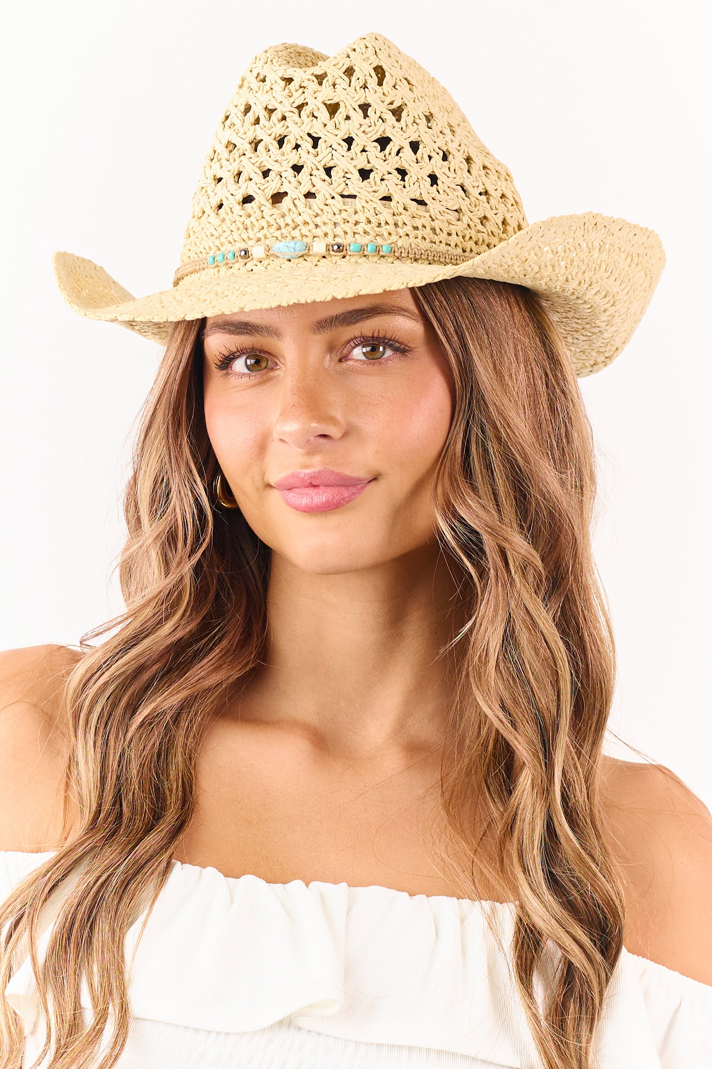 Sand Bead Detail Woven Straw Cowboy Hat