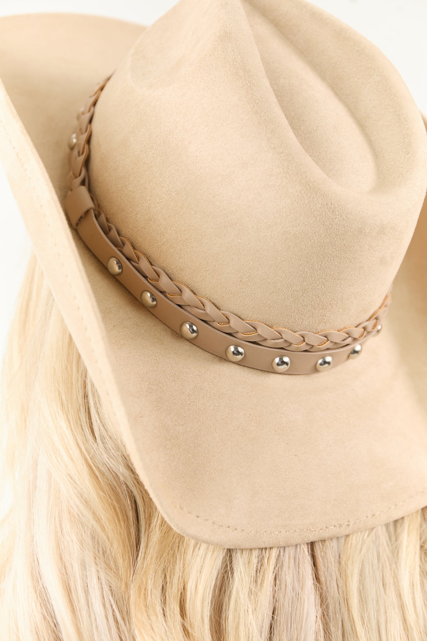 Sand Faux Suede Braided and Studded Cowboy Hat