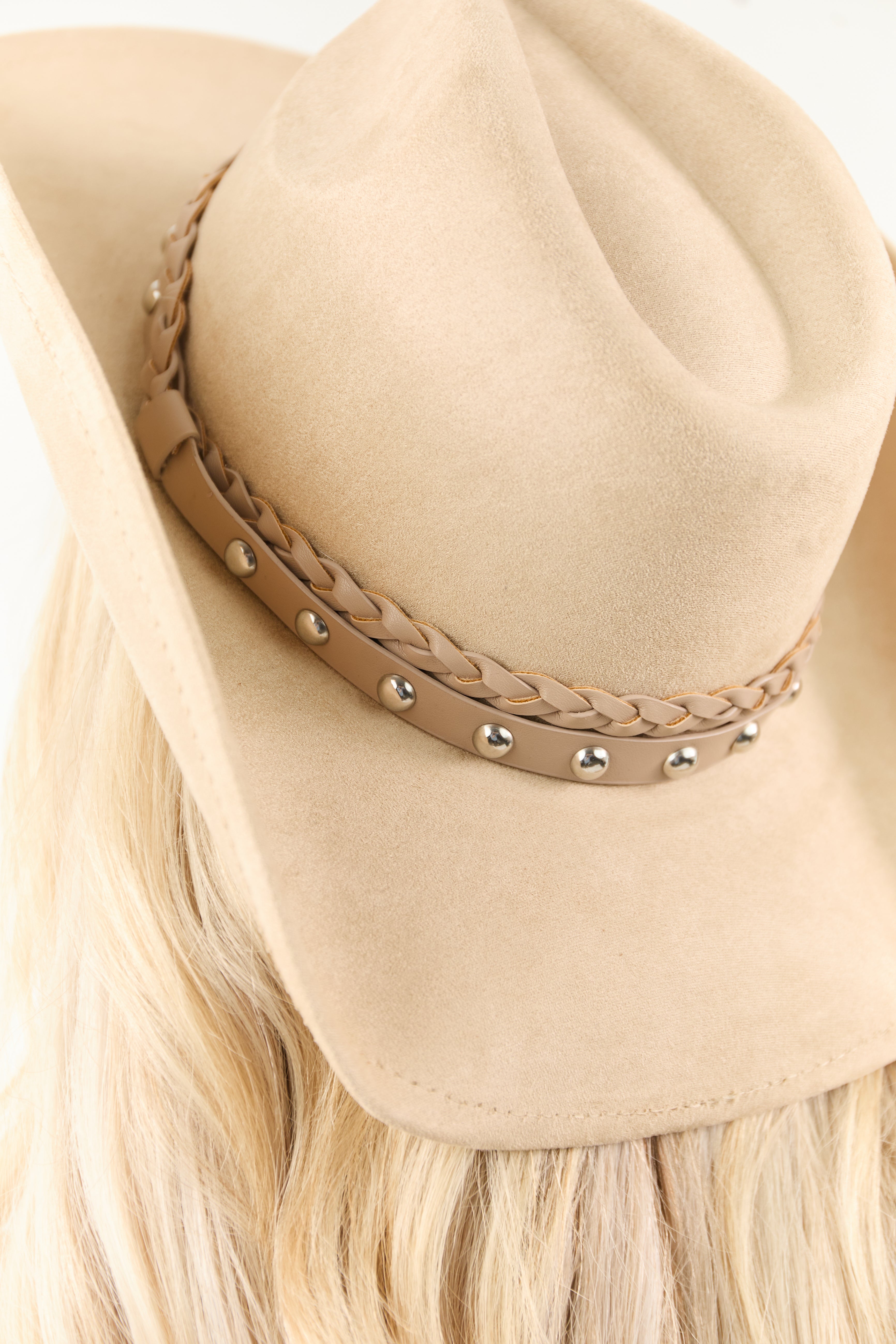 Sand Faux Suede Braided and Studded Cowboy Hat