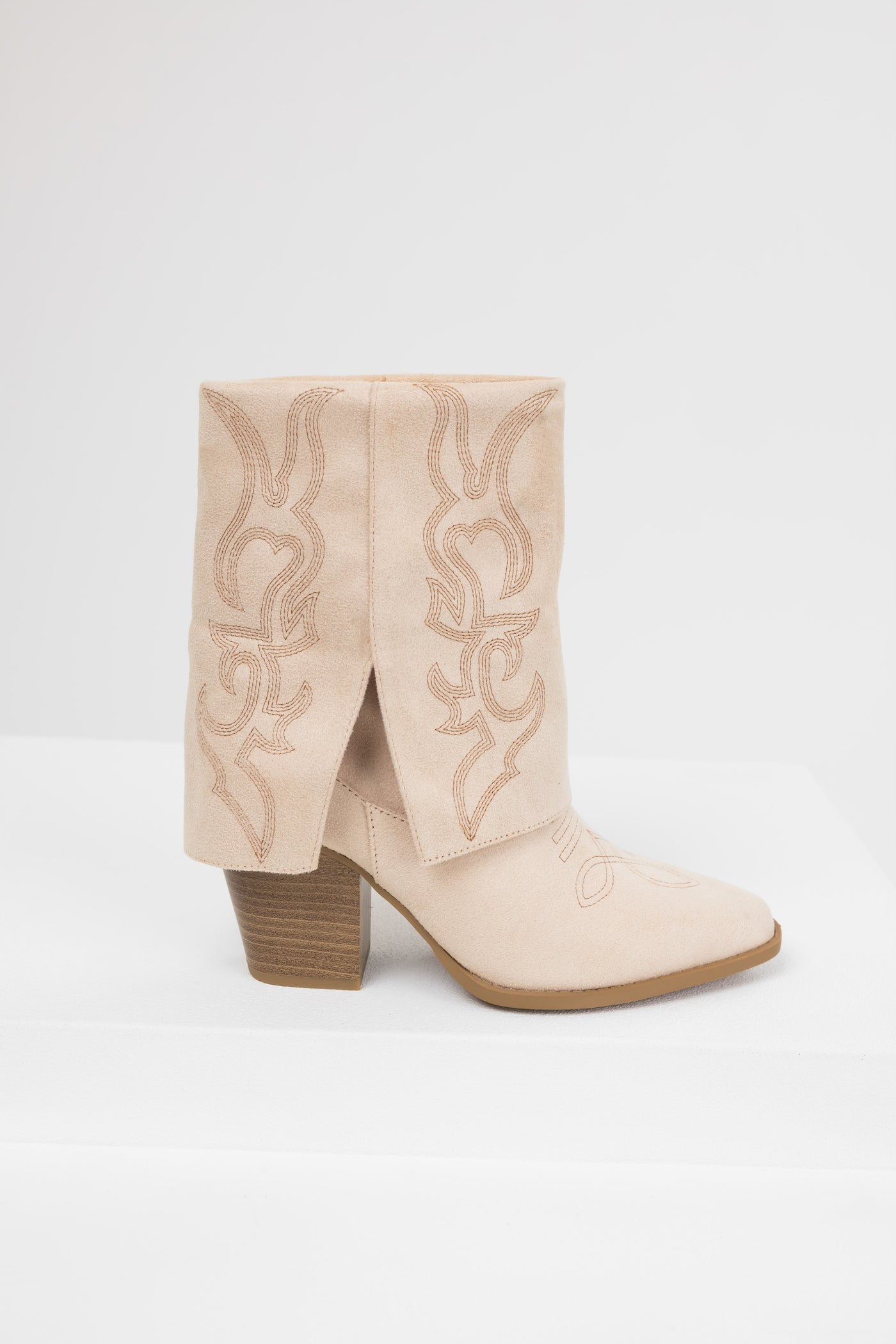 Sand Faux Suede Fold Over Western Boots
