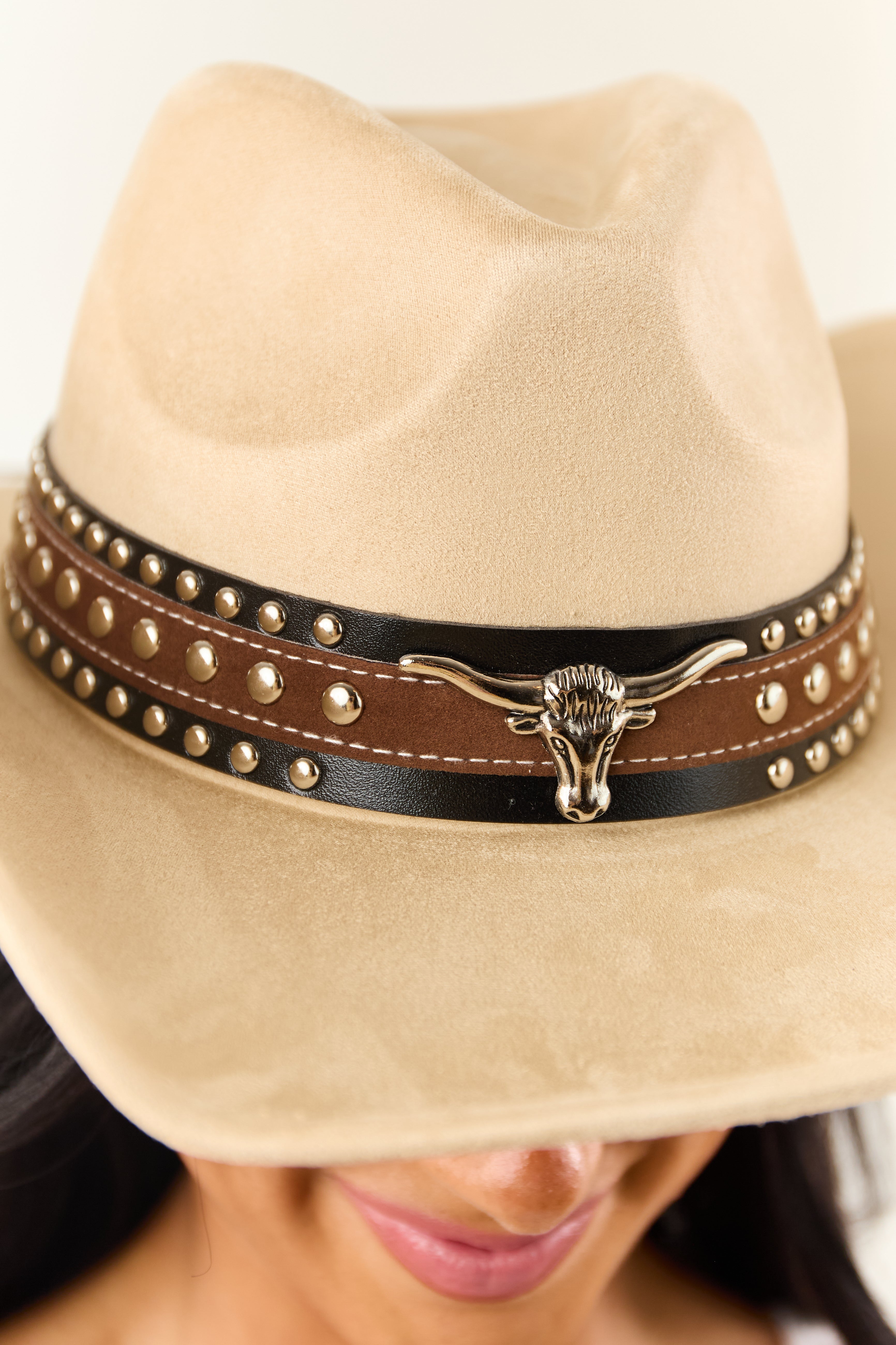 Sand Faux Suede Longhorn Stud Detail Cowboy Hat