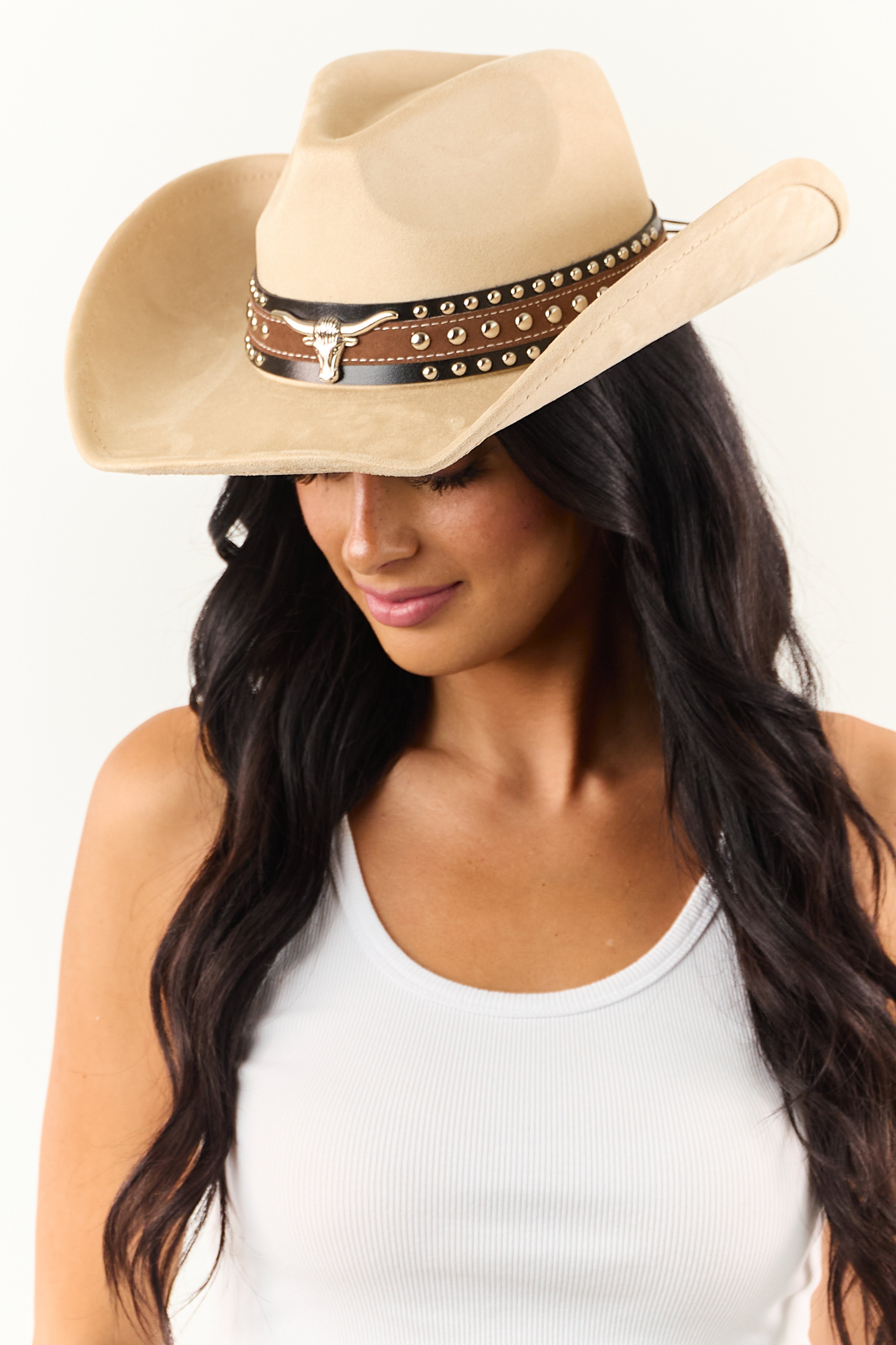 Sand Faux Suede Longhorn Stud Detail Cowboy Hat
