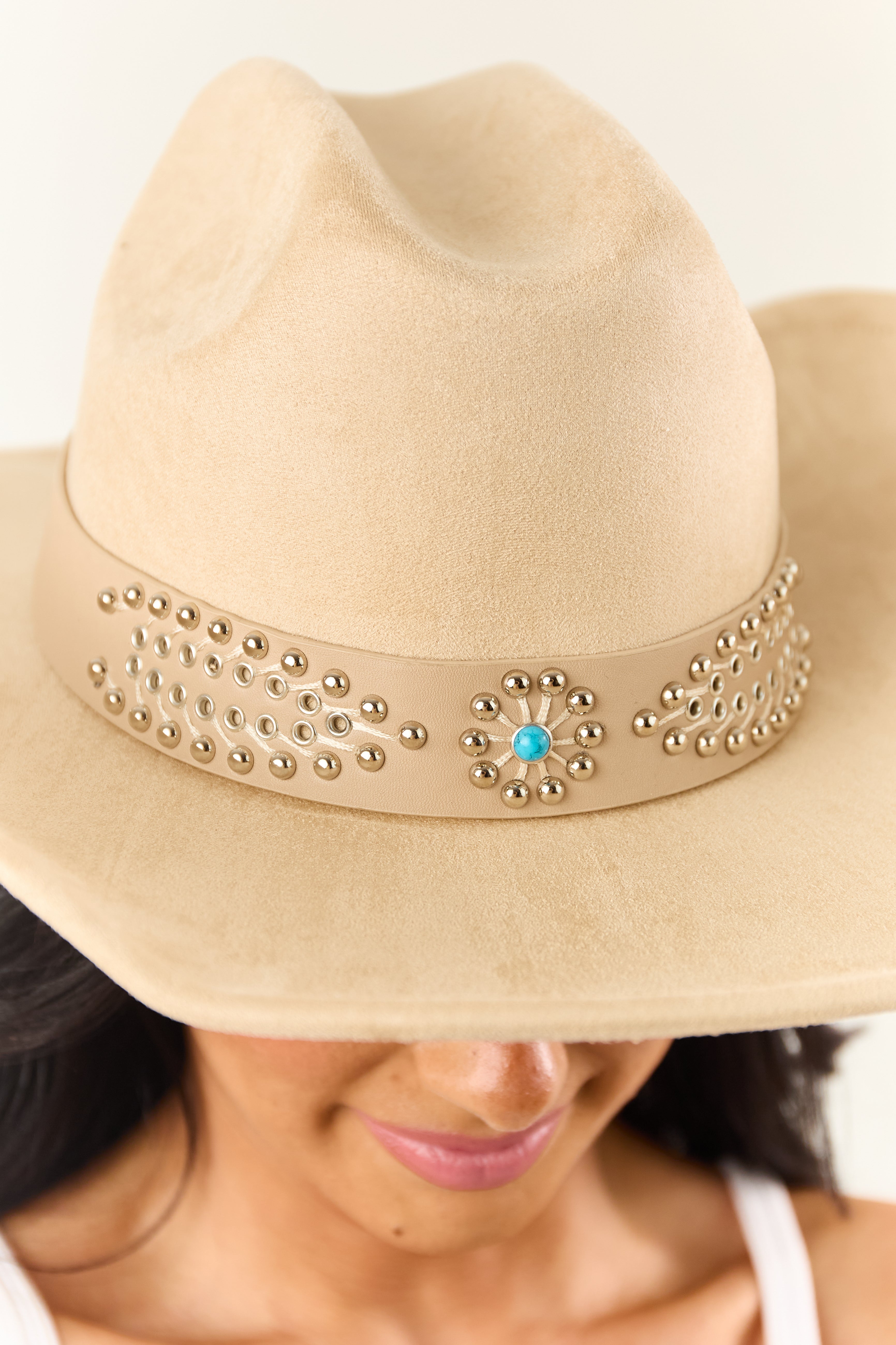 Sand Faux Suede Studded Pattern Cowboy Hat