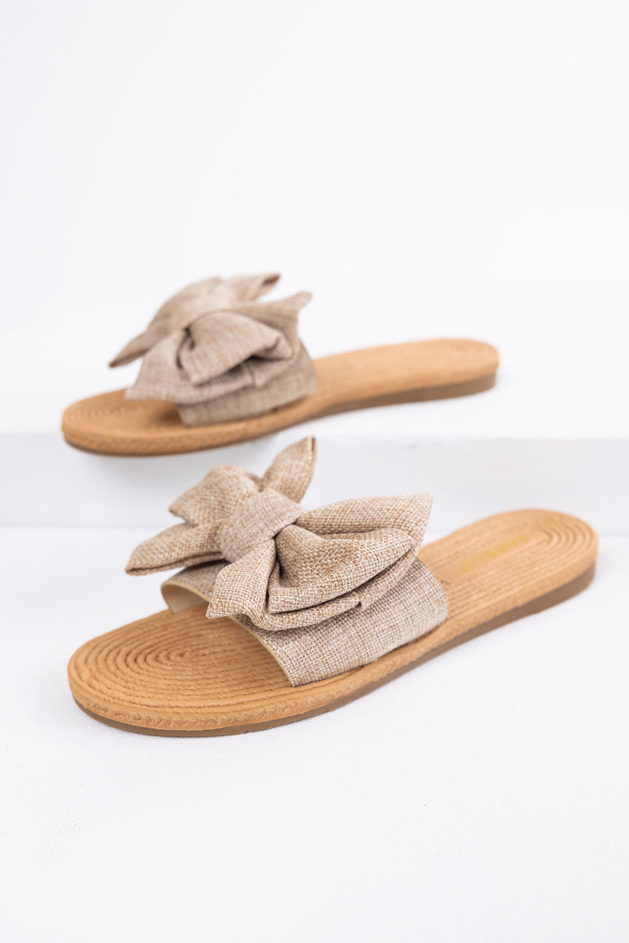 Sand Woven Bow Slide On Sandals