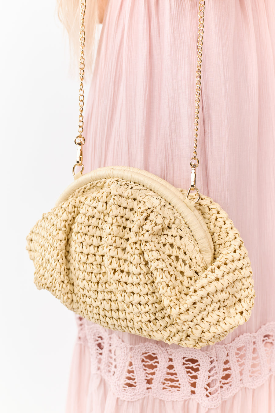 Sand Woven Chain Strap Shoulder Bag