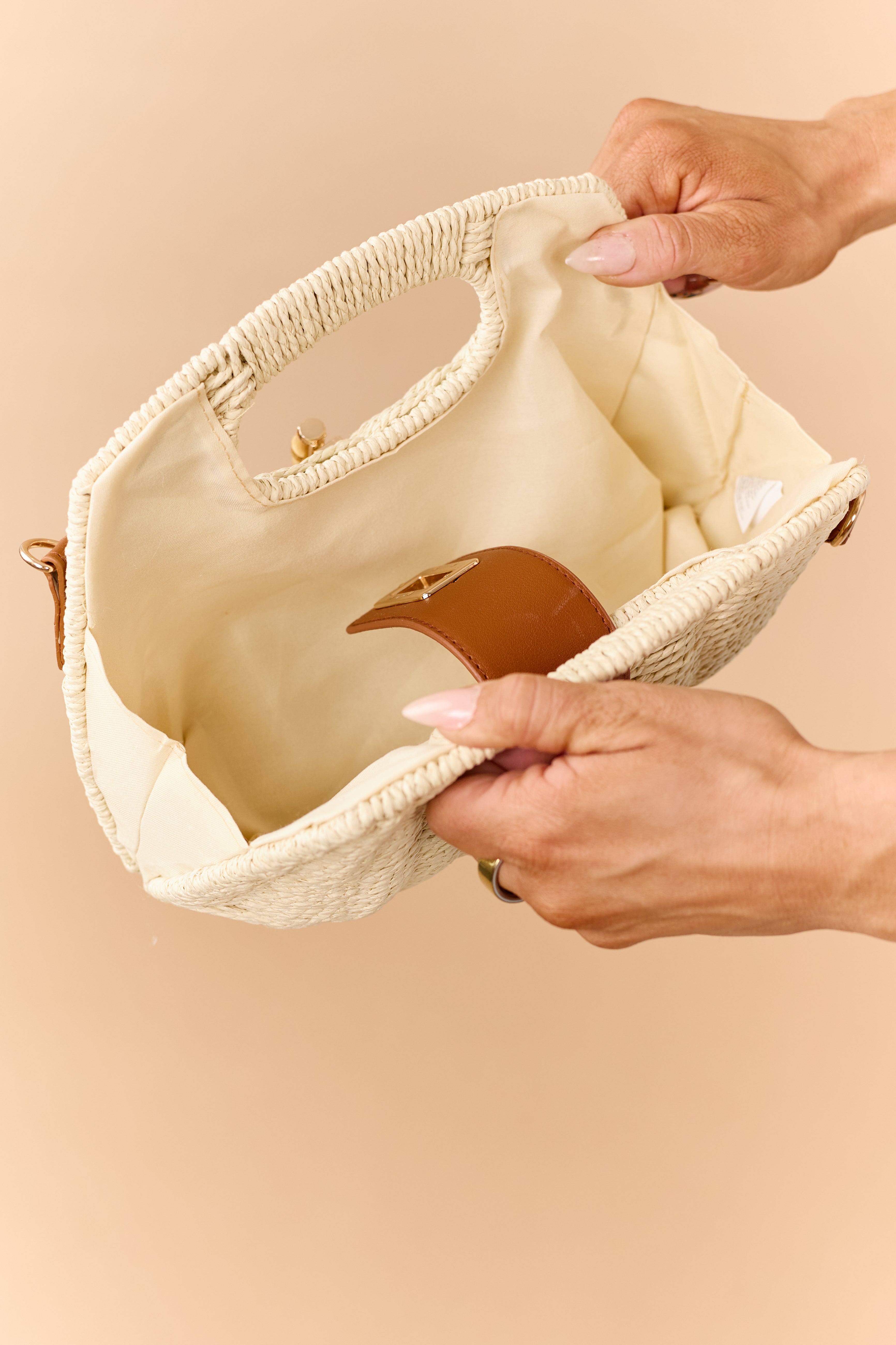 Sand Woven Straw Faux Leather Strap Handbag