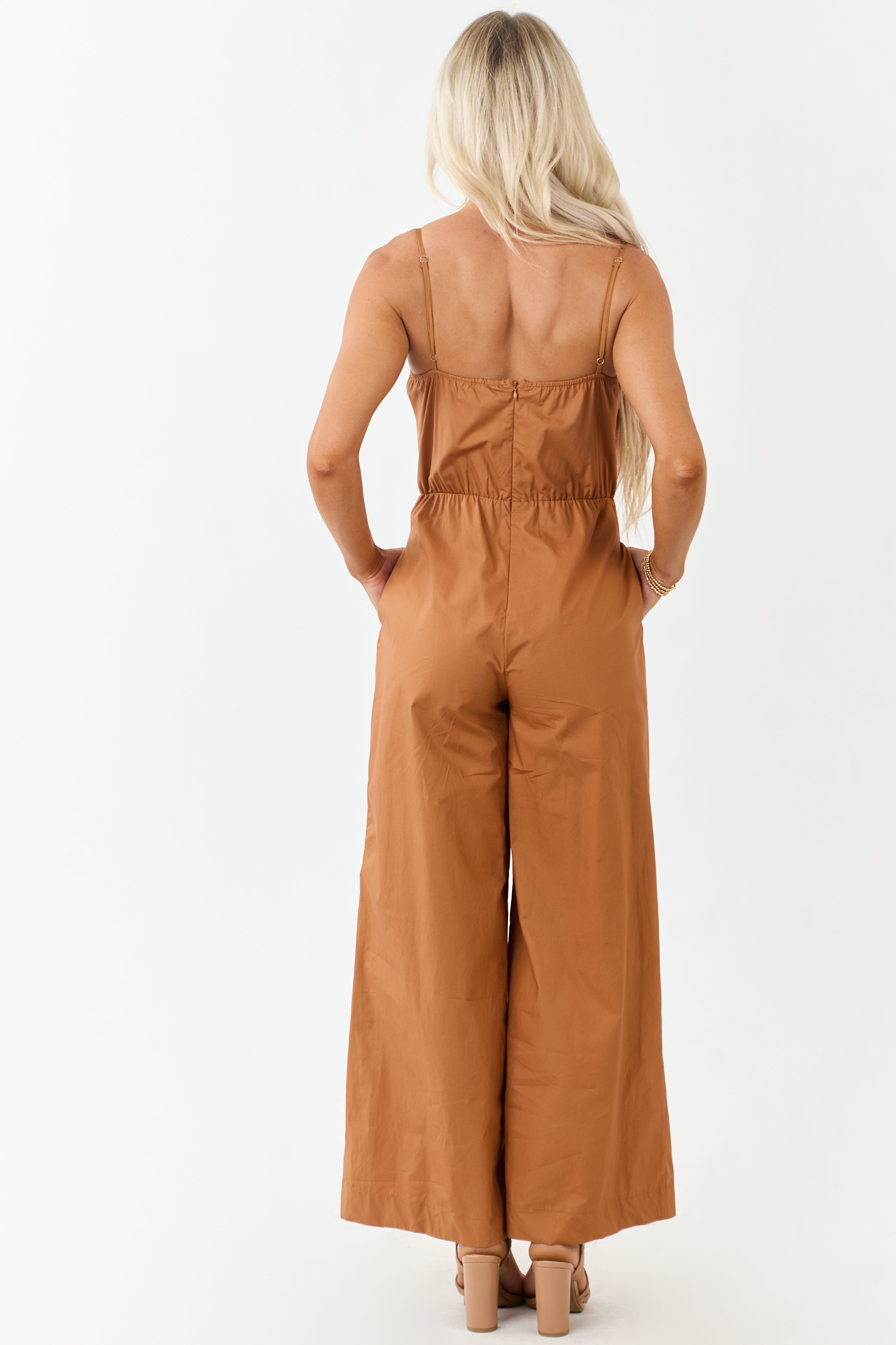 Sandstone Braided Notch Neck Wide Leg Cotton Jumpsuit